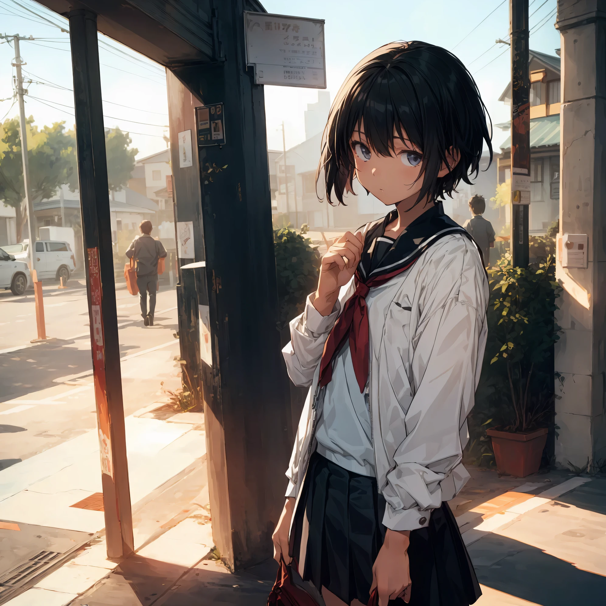 Super high quality by the art god, super detailed, High resolution, Shinkai Makoto style, anime moe art style, best anime 8K konachan wallpaper, pixiv contest winner, perfect ???????, break,(眠そうにalone学校へ行く女の子を描いてください. ),break, surreal high school girl, (alone,lolita, , 13 years old:1.3),All limbs, full finger,, androgynous charm, (very short hair), messy hair, flat chest, , small ass, between legs, Small black eyes,hanme,beautiful and fine eyes, Well-proportioned iris and pupils, disgusted eyes, High resolutionの詳細な髪, wearing school uniform, (skirt), On the way to school. break,super dense skin, Best lighting by famous artists, 8K, figure,UHD, rough skin