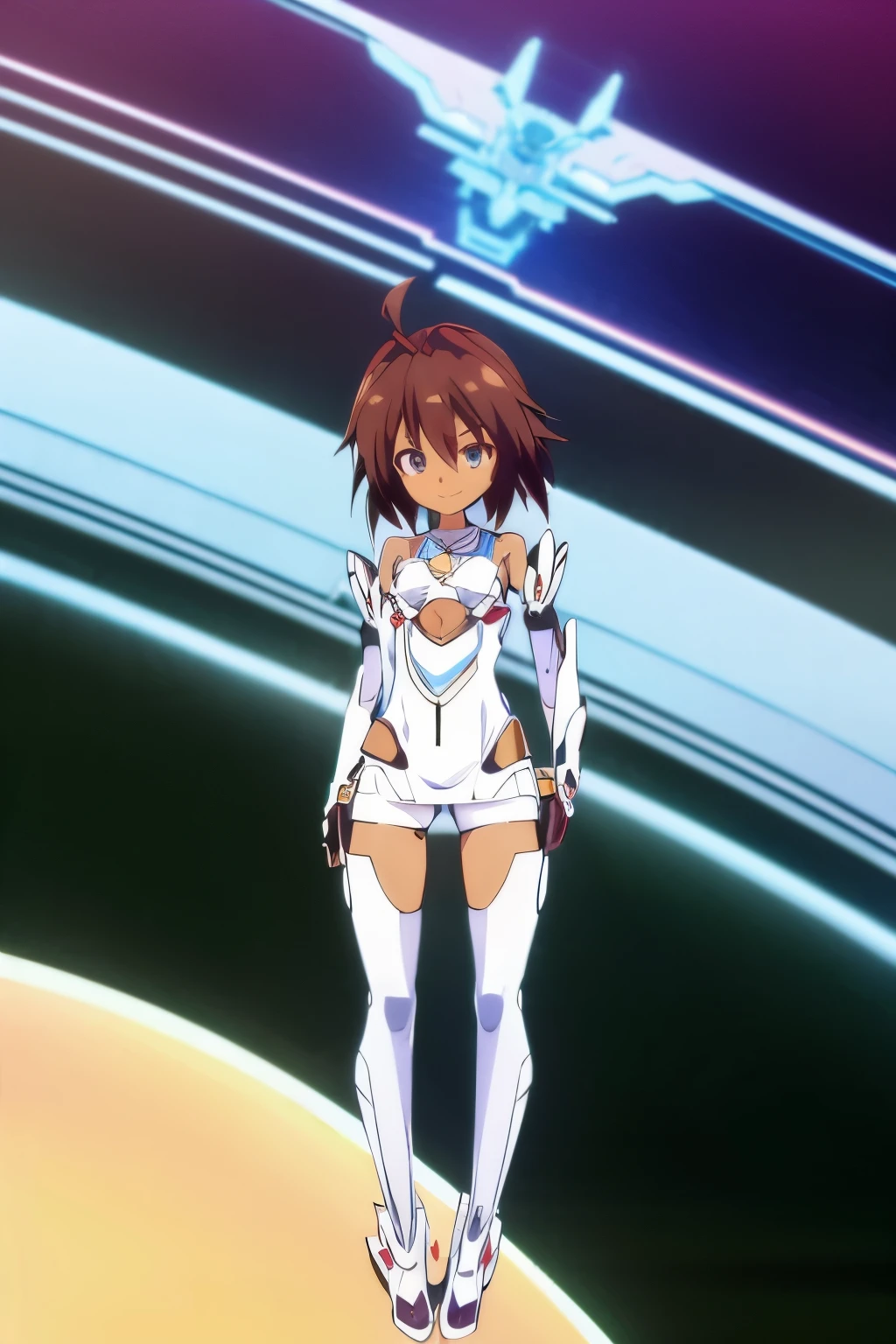 Masterpiece, highly detailed, ultra quality, ultra high .res, amazing quality, superior quality, glowing, shine, xenosaga, Hyperdimension Neptunia white heart, no game no life, flat chested, (male), (9 year old boy), otokonoko, (((Dark skin))), cute, big innocent ruby red eye's, (dark brown hair), (white Mechanical exoskeleton), ((mecha_musume)),short hair,(((white elbow gloves))),((black bodysuit)),(floating_armor),Mechanical headgear, white mecha thigh armoured attachment, black pants leggings, zoom in, close up, pose, adorable smile,