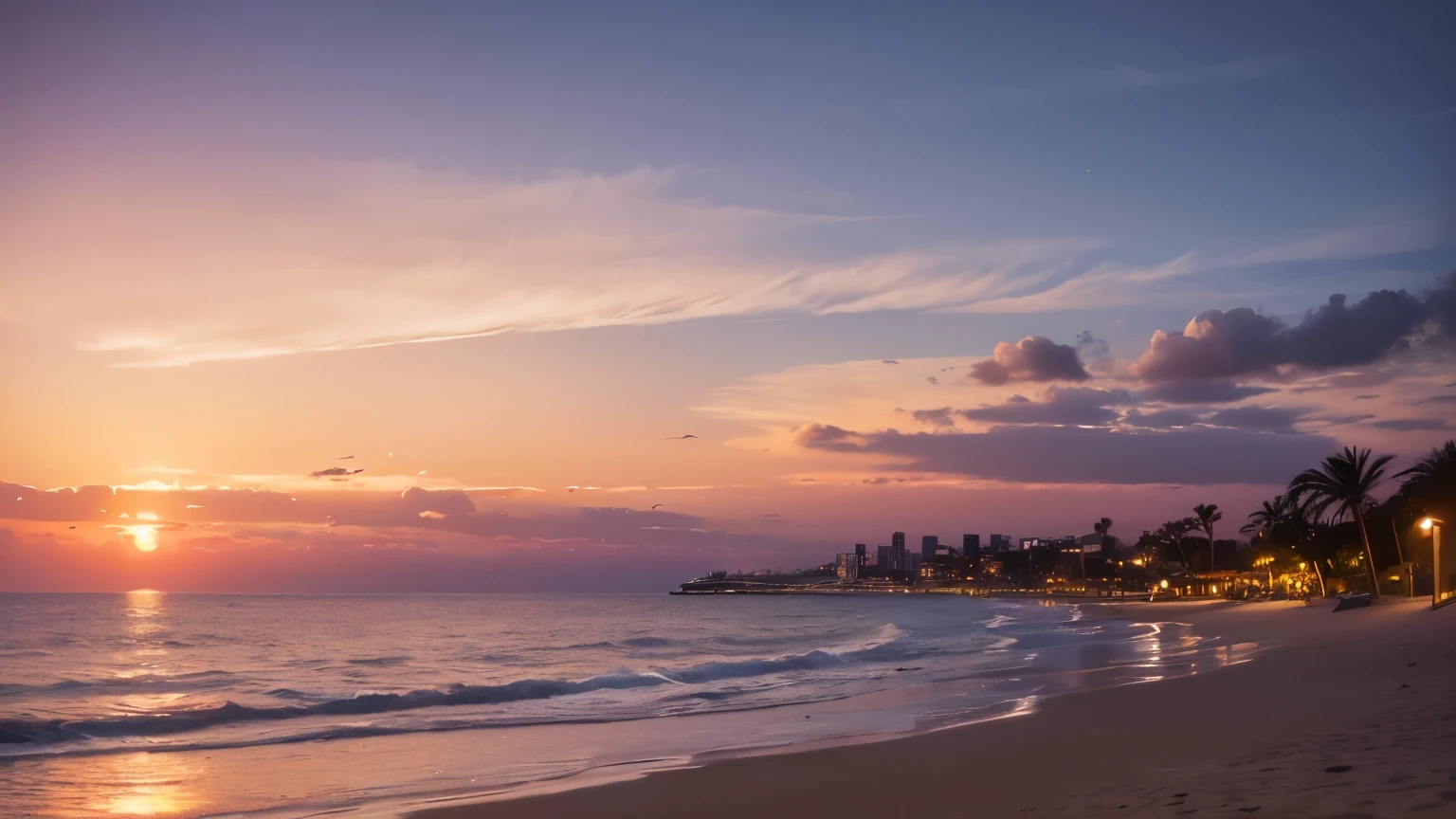 Absolutely enchanting sunset on the beach, In the orange mix, pink, and the yellow sky. the water is crystal clear, gently kiss the shore, And the white sand is endless. The scene is dynamic and breathtaking, Seagulls soaring high in the sky and palm trees gently swaying. Immerse yourself in a calm atmosphere、Be enveloped in tranquility。. --automatic