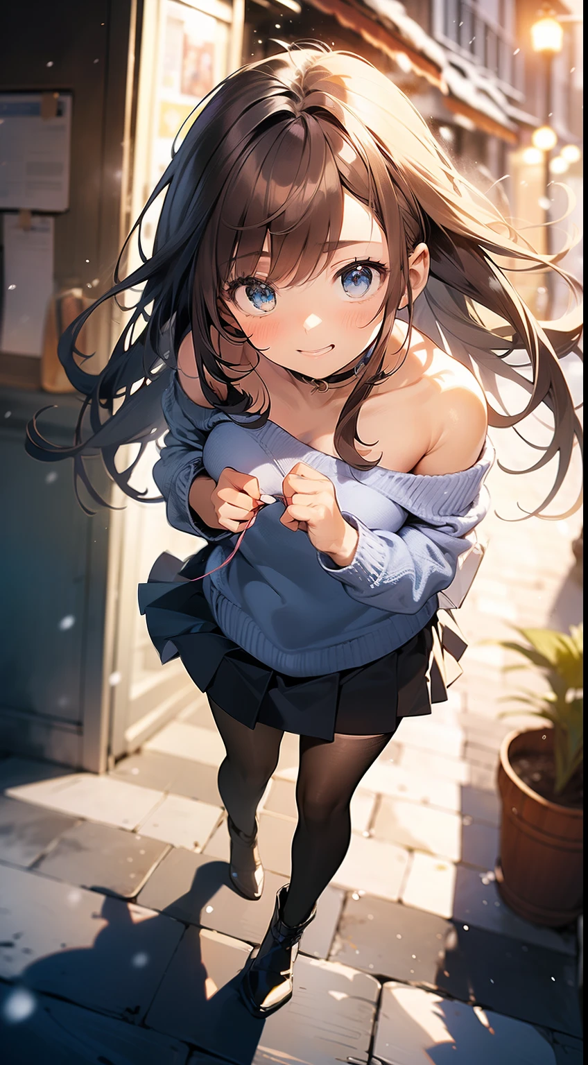 ((masterpiece, best quality, high resolution, ultra high definition, Pixel perfect, wide angle, 4K, RTX, human development report))), 1girl in, single, alone, Beauty、see whole body、 (( Reddish-brown hair , very long hair , Short Liuhai )), ((blue eyes, beautiful eyelashes, realistic eyes)), ((Detailed face, blush:1.2)), ((smooth texture:0.75, lifelike质感:0.65, lifelike:1.1, Anime CG style)), medium breasts, Perfect body, (( Shoulderless low-cut jumper, pleated skirt, bare shoulders ,Black tights ,Black boots)), Smile, sexy pose , (The wind blows the long hair,bare shoulders、exposing her chest、Black tights) , Lakeside at night ,It was snowing heavily
