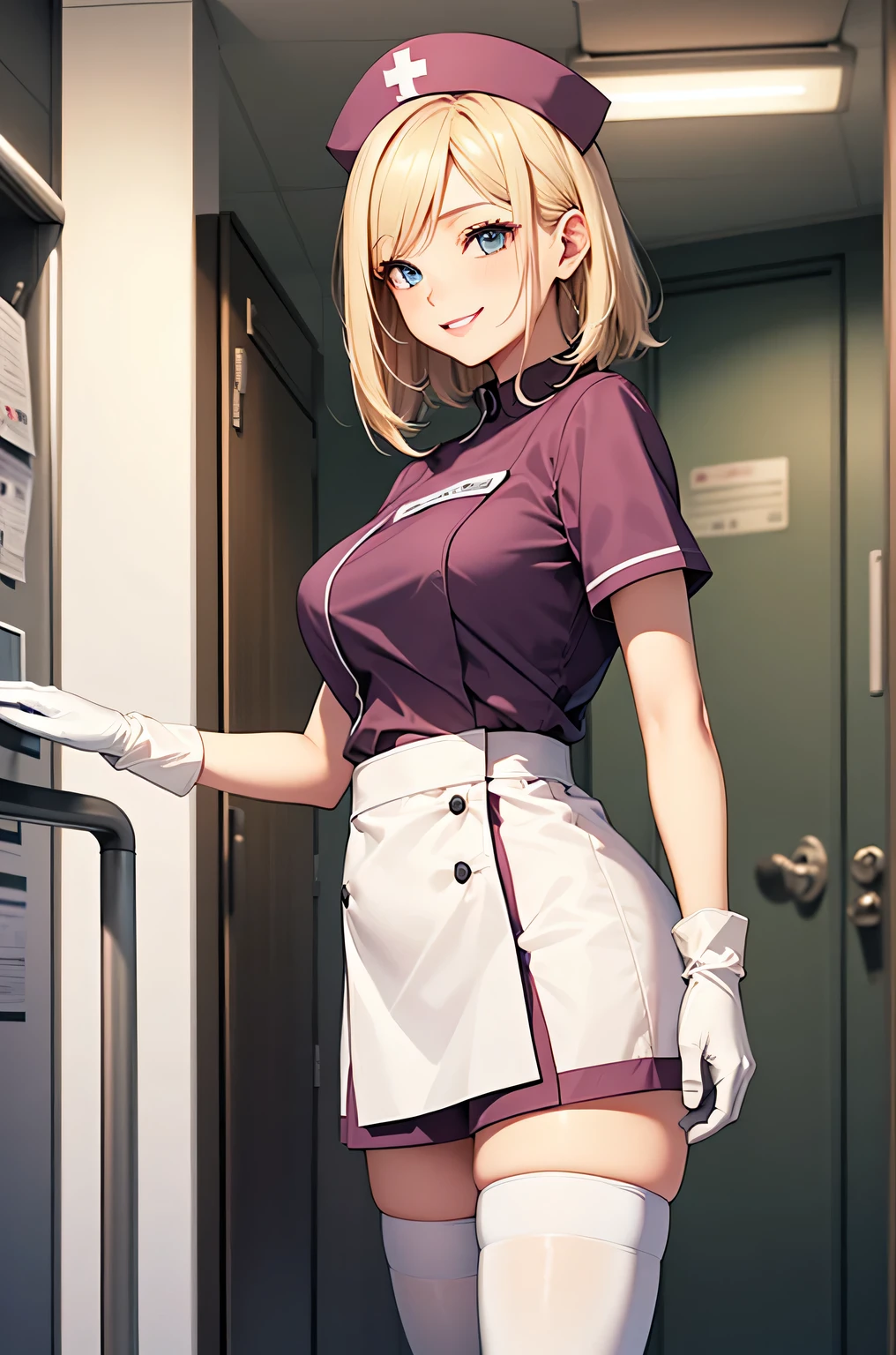 1woman, solo, nurse, white nurse cap, white nurse uniform, ((white legwear, zettai ryouiki)), white gloves, blonde hair, blue eyes, pink lips, smile, standing, ((hospital room)), sharp outline, short sleeves, mature female, 35 years old, best quality, masterpiece