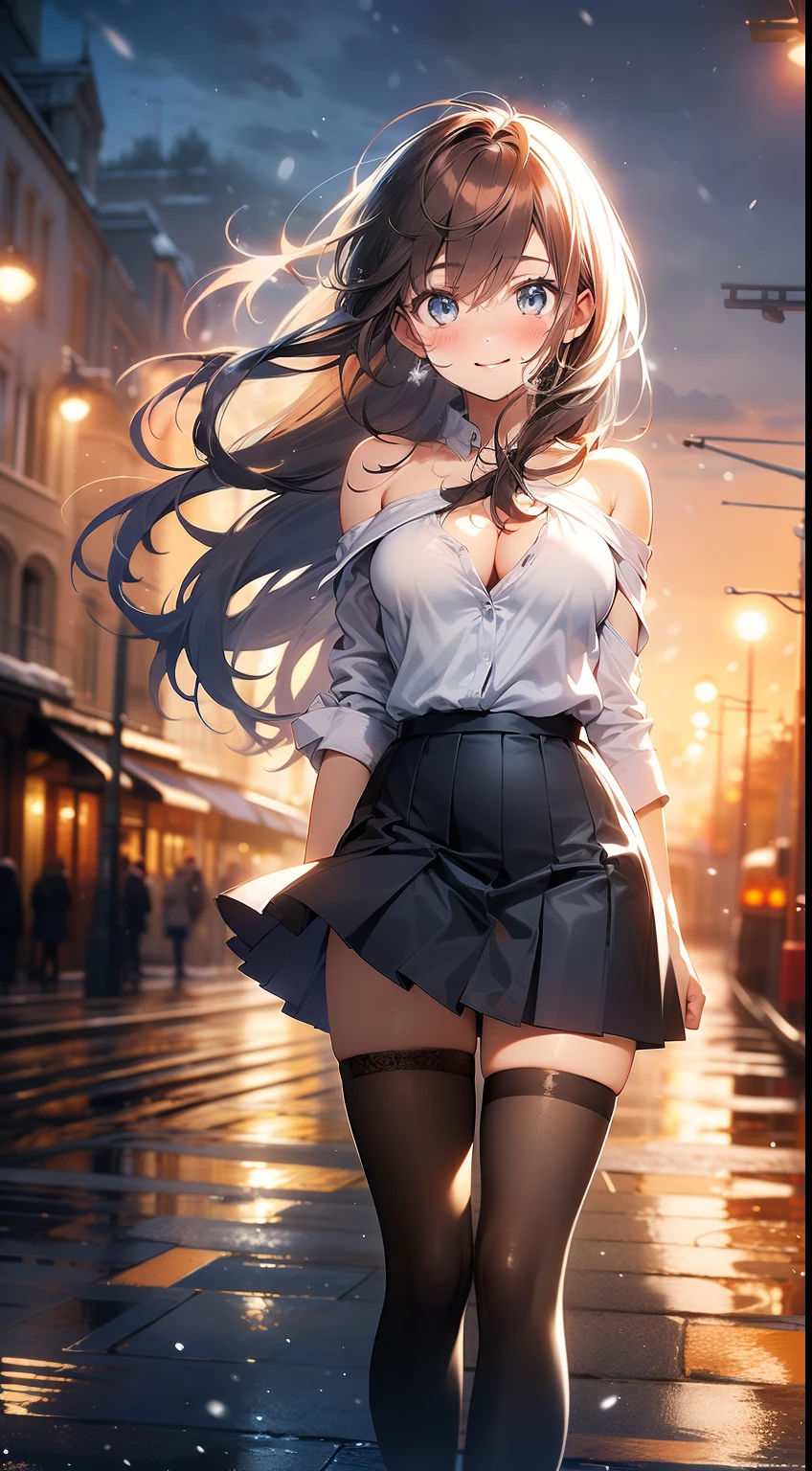 ((masterpiece, best quality, high resolution, ultra high definition, Pixel perfect, wide angle, 4K, RTX, human development report))), 1girl in, single, alone, Beauty、see whole body、 (( Reddish-brown hair , very long hair , Short Liuhai )), ((blue eyes, beautiful eyelashes, realistic eyes)), ((Detailed face, blush:1.2)), ((smooth texture:0.75, lifelike质感:0.65, lifelike:1.1, Anime CG style)), medium breasts, Perfect body, (( Shoulderless low-cut jumper, pleated skirt, bare shoulders ,Black tights ,Black boots)), Smile, sexy pose , (The wind blows the long hair,bare shoulders、exposing her chest、Black tights) , Lakeside at night ,It was snowing heavily
