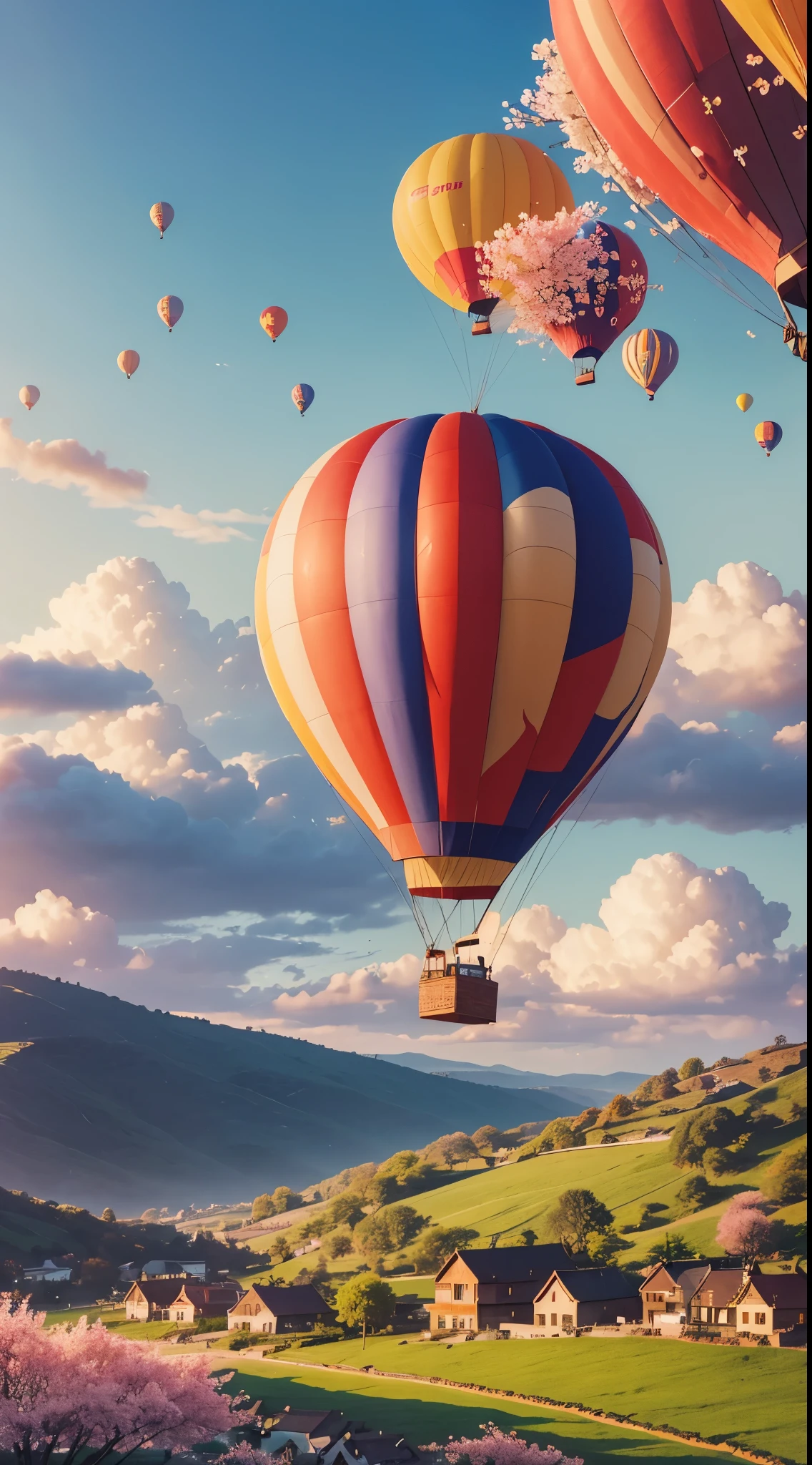"(best quality, highest), status: wooden hot air balloon, filled with flowers, cherry blossoms, in the center of a large village, a hill overlooking the fields), bright colors, picturesque landscape, peaceful, serene, early morning, surrealist, ethereal, soft sun, glowing clouds, soft breeze, adventure, joyful, exciting, freedom"