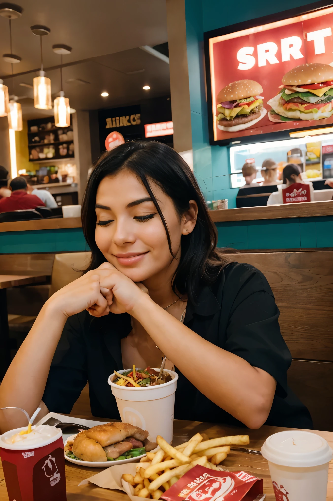 In this lively scene, two friends are captured in a candid moment at a fast-food restaurant, surrounded by an array of meal remnants that suggest a hearty feast. The table is cluttered with iconic fast-food packaging, including drink cups, burger boxes, and a fries carton, indicating they've enjoyed a variety of menu items. One individual is resting her head on her arm, eyes closed, perhaps in a moment of contentment or playful exhaustion from the meal. The other, with a look of satisfaction and a playful finger pressed to her lips, seems to be savoring the last bites of her food. There's an air of casualness and spontaneity to the image, with the friends immersed in the joy of sharing a meal together. The ambiance is informal and carefree, reflective of the fast-food dining experience detailed face