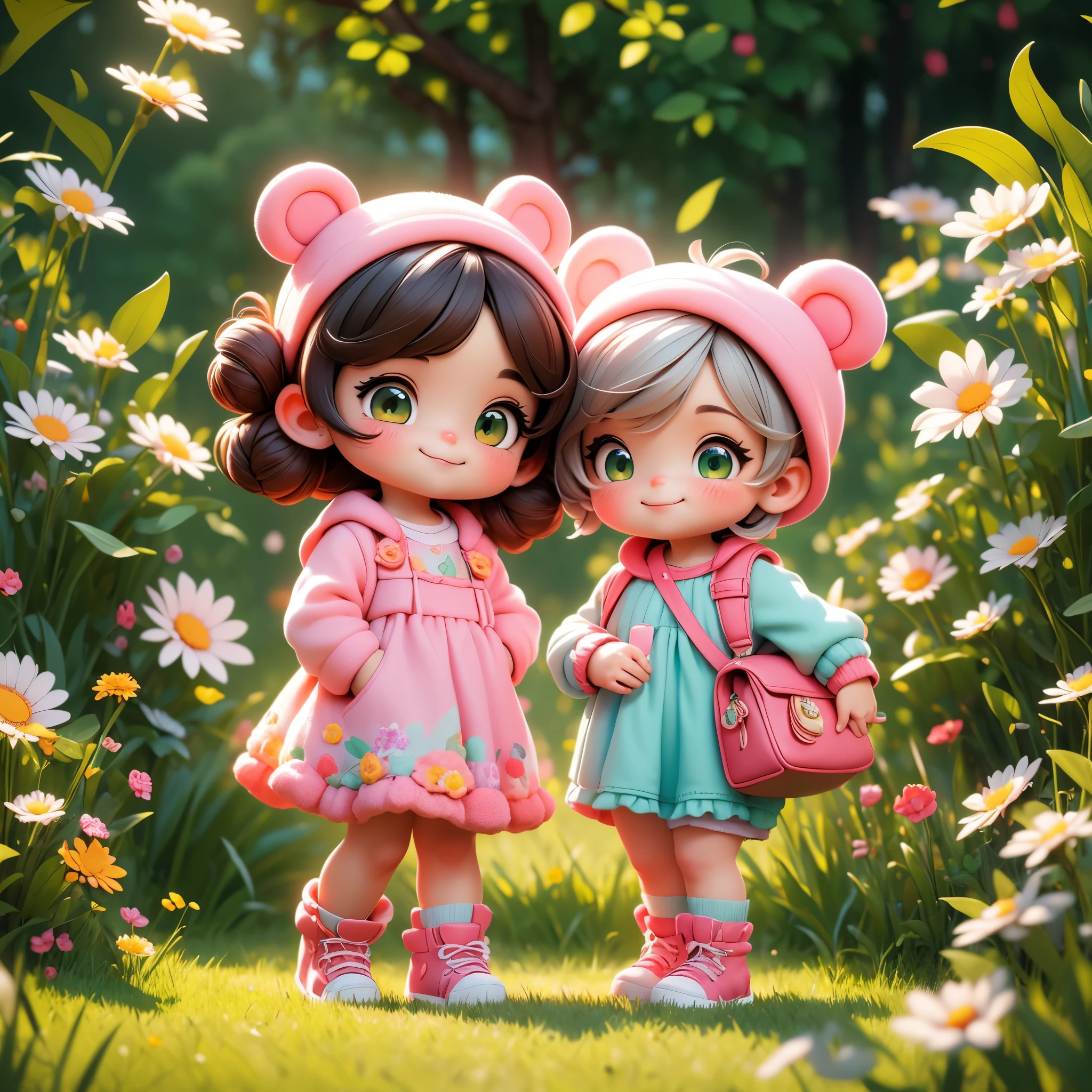 (best quality,4k,8k,highres,masterpiece:1.2),ultra-detailed,(realistic,photorealistic,photo-realistic:1.37),Illustration,Octane Render,morning park,a  walking with a teddy bear, the girl has a bun hairstyle and a smiling face, vibrant colors, soft sunlight, beautiful flowers, green grass, playful atmosphere, peaceful environment,detailed textures, vibrant colors, cute teddy bear outfit, joyful expression