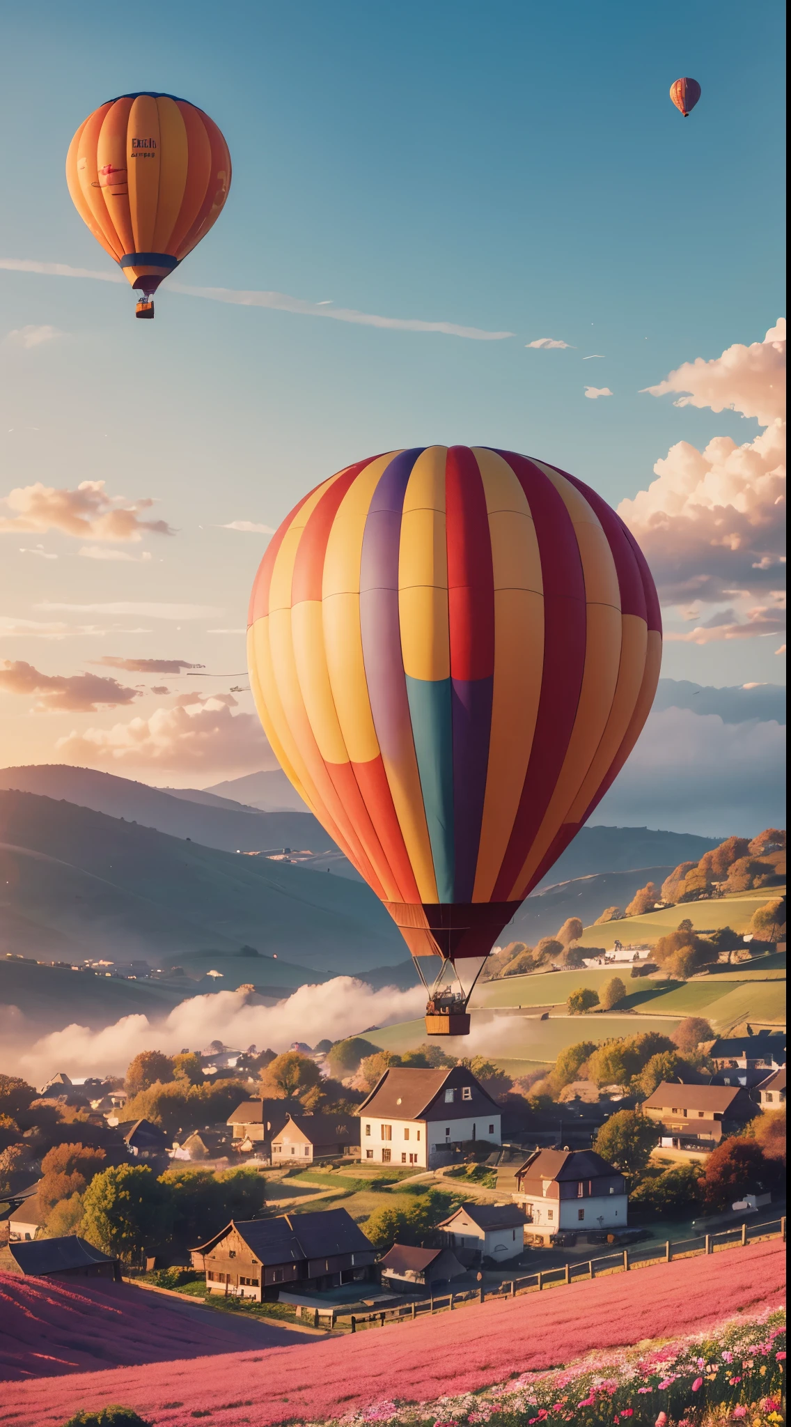 "(best quality, highest), status: wooden hot air balloon,  filled with flowers, cherry blossoms, in the center of a large village,  a hill overlooking the fields), bright colors, picturesque landscape, peaceful, serene, early morning, surrealist, ethereal, soft sun, glowing clouds, soft breeze, adventure, joyful, exciting, freedom"