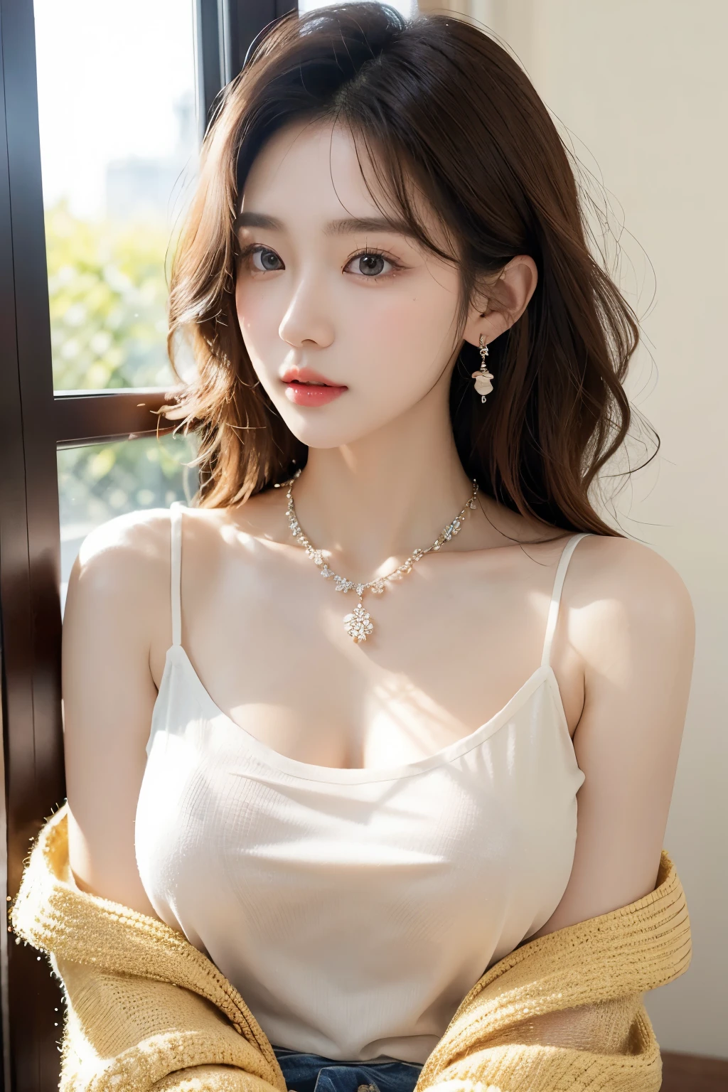 A Korean girl, pure and sweet, with a delicate face and captivating eyes. Her fair skin contrasts beautifully with her natural brown curly hair. She wears a beaded necklace and dangling earrings, enhancing her allure. Dressed in a mesh top, she looks ethereal and graceful. The warm sunshine bathes her in its glow, and the muted background complements her beauty.