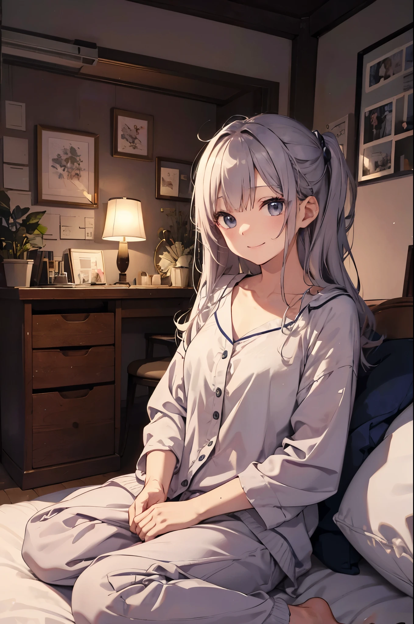 (Pretty sister:1.3)、 happy face,winterの雰囲気、winter、bed、Going to bed、pajamas、night
