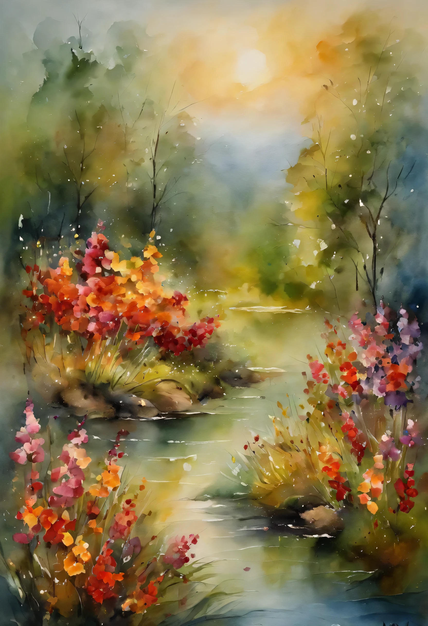 Charming 100% reverse watercolor painting showcasing with possibly a Flowers,There are hints of trees , Flowers , and possibly a Flowers, Filled with Mary Cassatt's delicate strokes, The reverse watercolor technique creates an abstract and vivid representation, Watercolor reverse painting on handmade watercolor paper, --With 1:1--Five 5