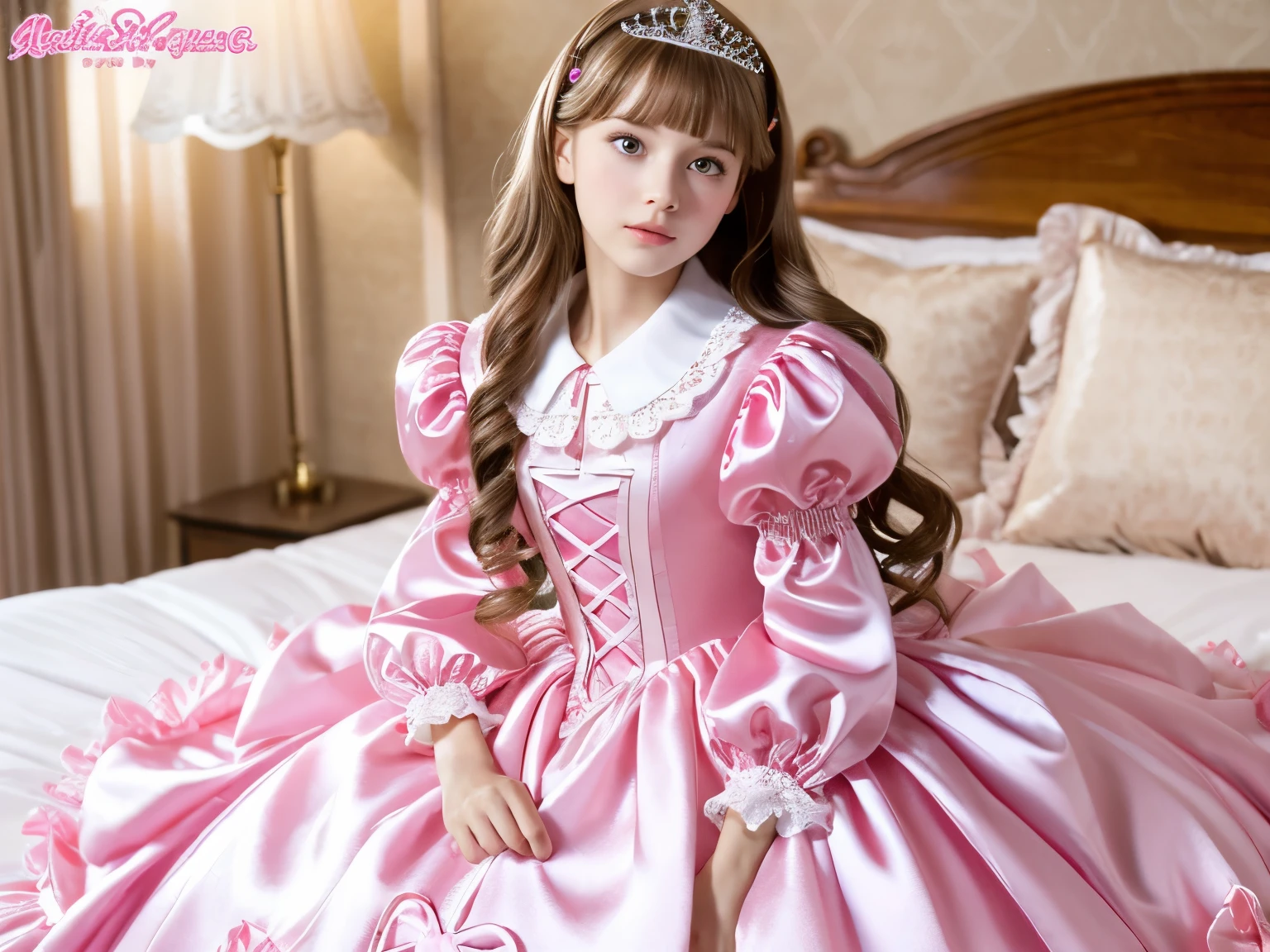 ,highest quality, masterpiece, highest resolution, artwork, super それにget used to it, many get used to it, get used to it, それにget used to it, 3k realistic pictures,,((10 year old s)),Ultra-detailed juvenile face,two are princesses,full length ball gown dress with hoop skirt,ruffled yoke collar,puff sleeves,long sleeve,((Lolita stylt pink detailed princess satin dress with lots of ruffles and ribbons)),Rococo style lolita fashion,y satin dress,Soft and smooth fabric,luxury,long blonde hair,blue eyes,white skin european,Pajama,((in the bedroom)),