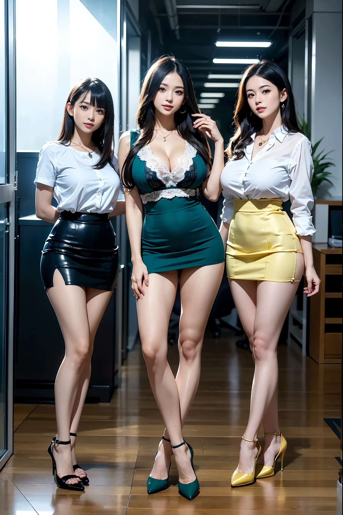(Best Quality, Masterpiece, Photo realistic, Ultra Detailed, ultra high res, raw:1.3), (3 girls:1.3), beautiful, Japanese, mature, 28yo, office workers, (tight lace knit, short skirt), ({gold| silver| wine red| navy| pink| green yellow| violet| sky blue} clothes), (smile), (bangs), high-waist, necklace, (office, indoor, glass-paned room), (long legs, high heels, full body:1.2), (big breasts:1.3), (crowd)