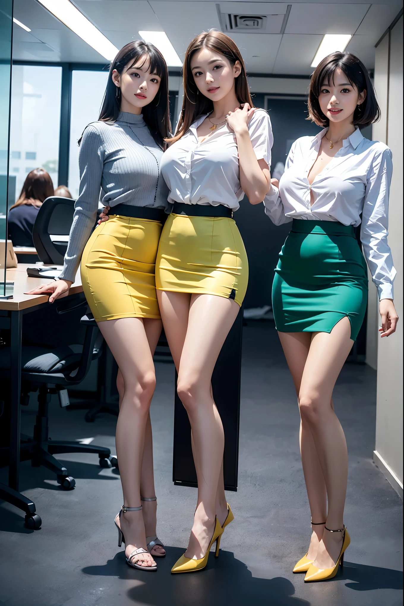 (Best Quality, Masterpiece, Photo realistic, Ultra Detailed, ultra high res, raw:1.3), (3 girls:1.3), beautiful, Japanese, mature, 28yo, office workers, (tight lace knit, short skirt), ({gold| silver| wine red| navy| pink| green yellow| violet| sky blue} clothes), (smile), (bangs), high-waist, necklace, (office, indoor, glass-paned room), (long legs, high heels, full body:1.2), (big breasts:1.3), (crowd)