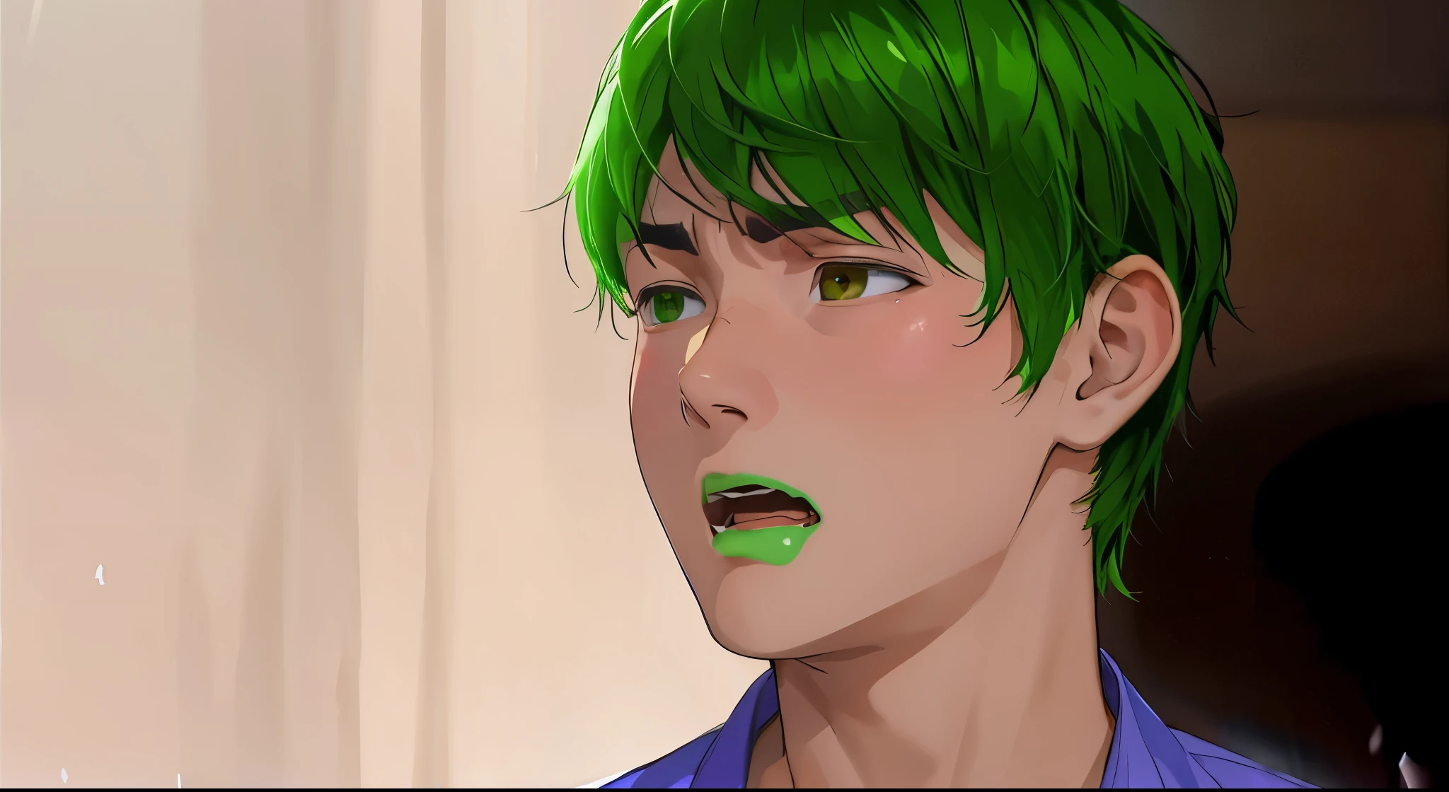 There is a  boy, green hair, green and brown eyes, he is upset, angry and he is screaming.