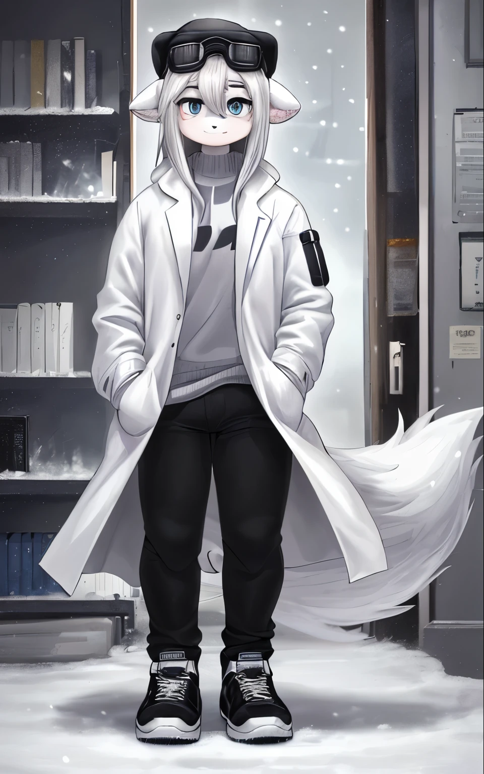 Fury，Blue iris，Thick eyebrows，Slightly curved，Larger eyes，The bridge of the nose is high，Nose size is medium。silvery white medium length hair，Thick hair，Pull it down to cover your eyebrows，Thin stature，Limbs of medium length，White wolf ears，Snow-white hair，There is a little light gray hair on the tail。White sweatshirt，Wearing a lab coat，The loose white coat covered her calves.，There are two large pockets on the inside of the white coat.，The design is just big enough to hold a few smaller documents.，There is a laboratory logo on the right arm of the white coat.。White shirt bottom，black gloves，Wearing a gray woolen hat，Hat wearing chemical goggles，Gray tarp shoulder zipper backpack，There is an injection package installed on it.，Black casual trousers，gray and white stripes，Pants are too long，White high-soled canvas shoes。