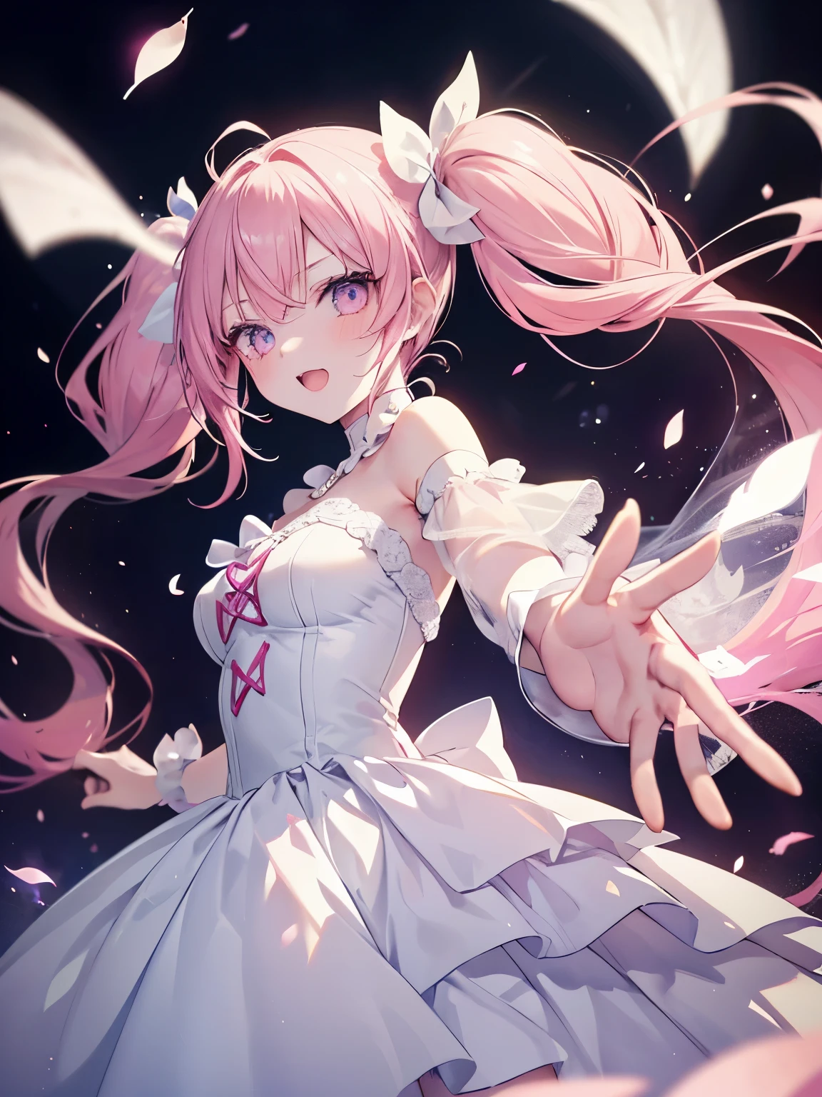 masutepiece, Highest Quality, (Perfect face:1.1), (high detailing:1.1), (ultradetailed eyes), Dramatic, superfine illustration, Extremely detailed,1girl in,teenager, (pale skin), Happy, Laugh, Enjoy, Cheerful,Open mouth,gloweyes,pinkhair, (long twintail),Ethereal eyes, pink eye,blush, Solo,Pouty lips,Cinematic lighting,Cowboy Shot, Looking at Viewer, wedding dress, ,simple whitebackgraund, reaching out,from side