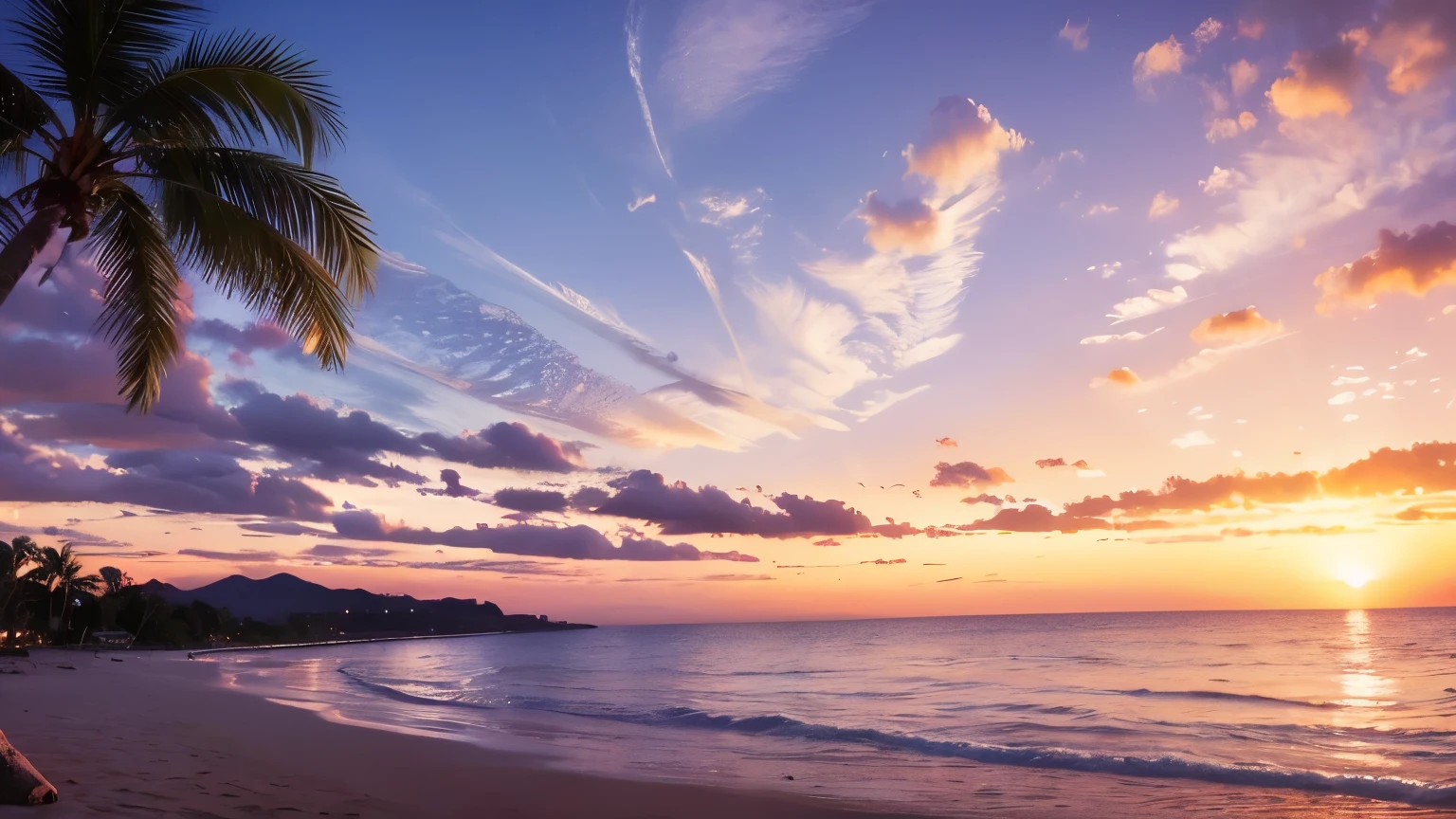 Absolutely enchanting sunset on the beach, In the orange mix, pink, and the yellow sky. the water is crystal clear, gently kiss the shore, And the white sand is endless. The scene is dynamic and breathtaking, Seagulls soaring high in the sky and palm trees gently swaying. Immerse yourself in a calm atmosphere、Be enveloped in tranquility。. --automatic