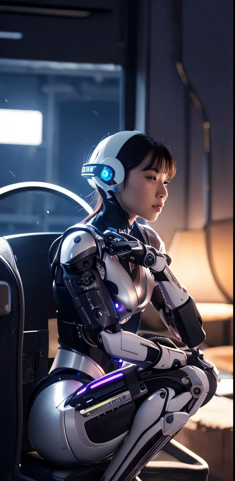 highest quality、masterpiece、Super high resolution、(Photoreal:1.4)、((beautiful girl:1.6)), 全身cyborg少女1体、16 years old、no human、((The only skin part is the face)), glowing eyes、((Lots of split metal chest protectors)), Metalrobot、((全身が戦闘robotの体))、((ボディパーツはrobotパーツ:1.8))、((The internal mechanisms of the chest are exposed)), ((Mechanical chest armor with LED indicators and meters)), robotの腕と脚、((露出したMetal骨格 of the abdomen))、頸部のMetal骨格、Under repair、destroyed body、Metalメカニカルブラ、全身Metalスキン、metal bodysuit、全身を覆うMetal鱗、Metal製のボディ、全身Metal、beautiful girl、prosthetic hand、prosthetic leg、全身cyborg、露出したMetal骨格、asian beauty、cyberpunk、steampunk、downtown at night、SM Room、Complex 3d rendering beautiful porcelain profile ultra detailedd female type android face、dark brown hair、glowing skin、((Super realistic details))、Portrait、global illumination、Shadow、octane rendering、Metal、複雑な装飾のdetailed、日本のdetailed、very intricate details、realistic光、CG Society Trends、purple eyes、shining eyes、towards the camera、ネオンのdetailed、mechanical limbs、blood vessels connected to tubes、mechanical vertebrae attached to the back、cervical vertebrae mechanically attached to the neck、sit on top、Wires and cables connecting to the head、gundam、small led lamp、masterpiece、 Metalrobot、Metal製のボディ、全身Metal、prosthetic hand、prosthetic leg、全身cyborg、露出したMetal骨格、asian beauty、cyberpunk、steampunk、downtown at night、SM Room、Complex 3d rendering beautiful porcelain profile super detailedd female android face、cyborg、robot部品、150mm、Soft light in a beautiful studio、rim light、vivid details、gorgeous cyberpunk、Ren Hao、超realistic、anatomical、facial muscles、cable wire、microchip、elegant、beautiful background、octane rendering、HR giger style、8K、highest quality、masterpiece、enlightenment、very delicate and beautiful、 非常にdetailedなCG、unity、wallpaper、(realistic、Photoreal:1.37)、amazing、detailed、masterpiece、best quality、official art、Highly detailedd CG unity 8k wallpaper、absurd、incredibly absurd、、robot、silver beads、Full body Esbian、standing