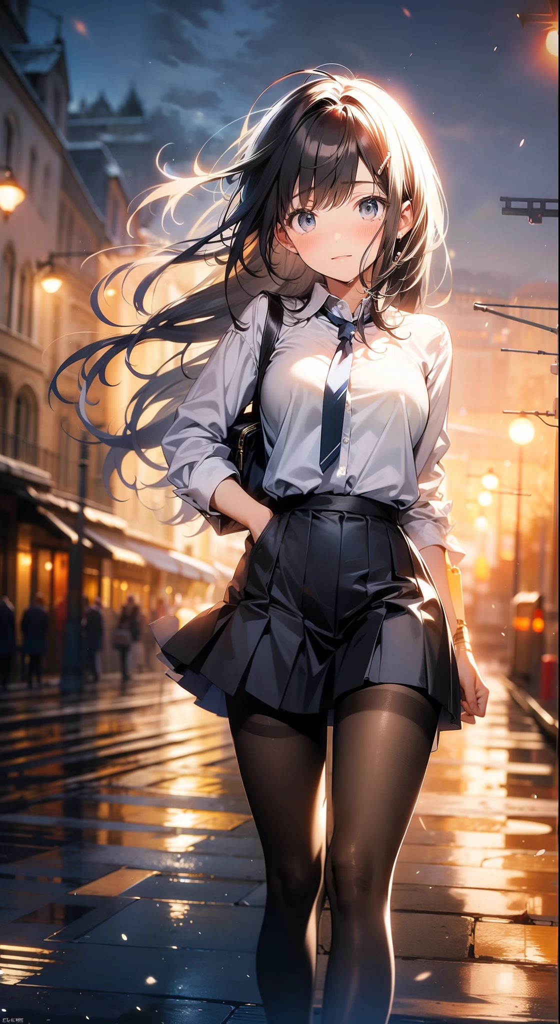 Expose the neck,Wearing black pantyhose on thighs