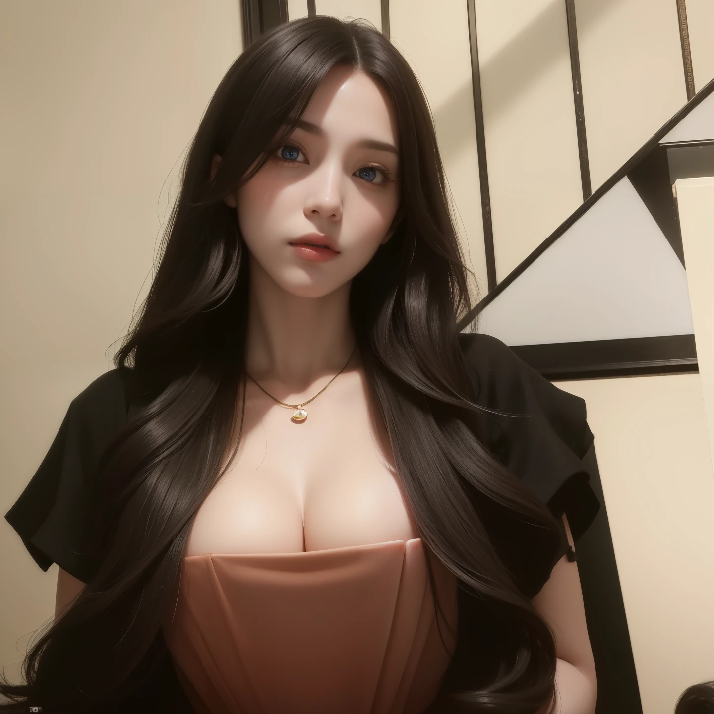 Beautiful big breastokeh), indoors, detailed luxury living room, gentle and charming beautiful goddess, Korean(kpop-idol), solo, necklace, oval face, double eyelids, smart, good hands, good feet, Natural, (from below angle), (glossy skin:1.05), ((low angle)), Perfect figure, (64k, UHD, RAW photo, best quality, masterpiece:1.4), (realistic, photo-realistic:1.37), ultra high res, photon mapping, radiosity, physically-based rendering, professional soft lighting, blue eyes, purpel hair