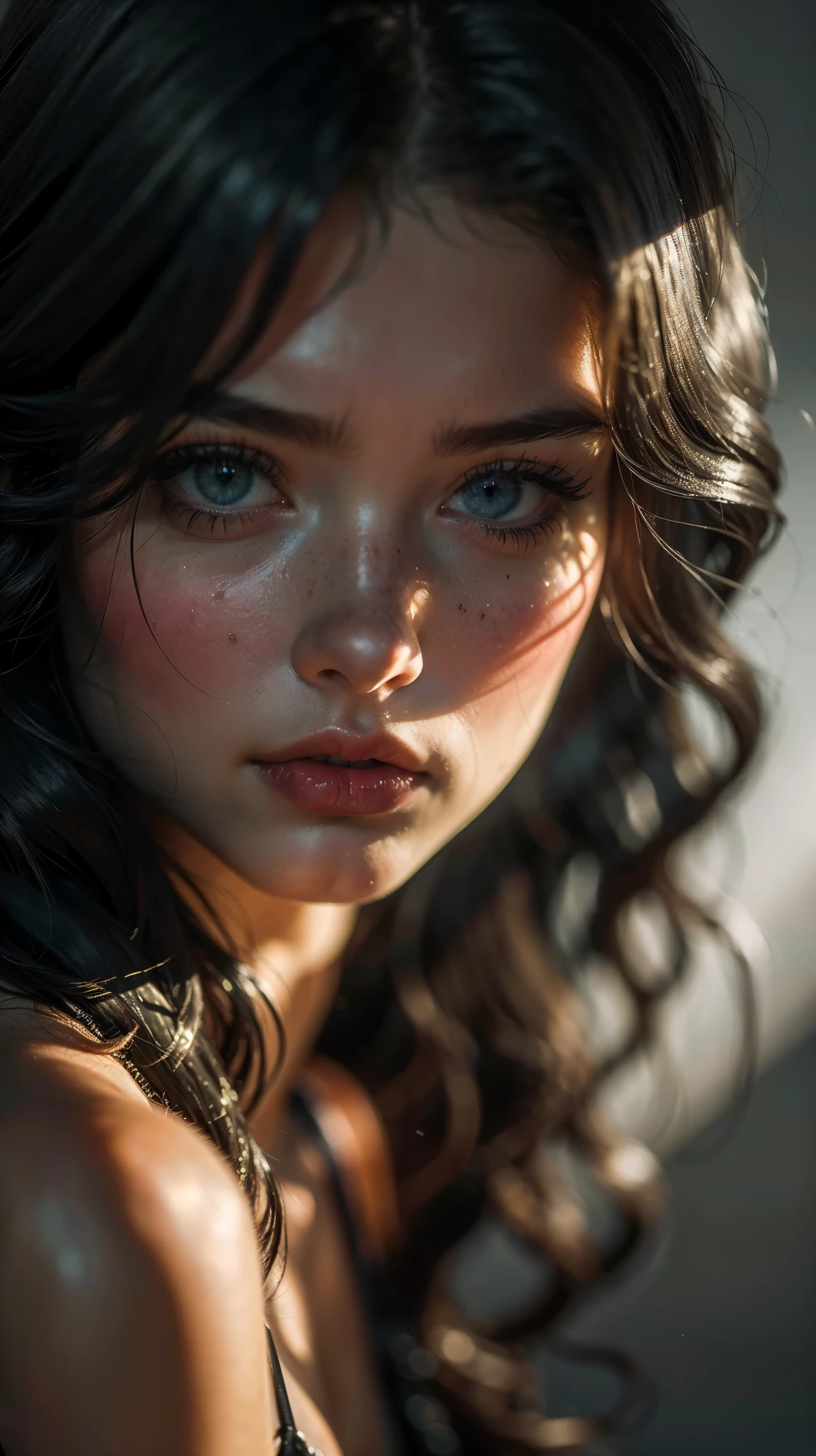 (((ultra realistic))) Photo, masterpiece, top quality, pale skin, (Ultra detailed face and eyes:1.2), 1 girl, gloomy atmosphere, Dark background, (Eye makeup, mascara) , ((Dark wavy hair)) , ((Stylish hairstyle)) , Natural breasts, [[Slim waist, slender body]] . ((Posing)) , (body curves), In Lifchik, photoshoot, studio (Contour lighting), (The play of light and shadows), depth of field, bokeh, (special attention to skin detail: 1.2), Detailed leather texture, skin pores, ((Тёмная и gloomy atmosphere кадра. color scheme - black, Gray, Ashen, Tons)), (Film grain, VHS effect), (shine) , ((rays)) , ((close-up portrait, close to the camera)) , ultra detialed, 