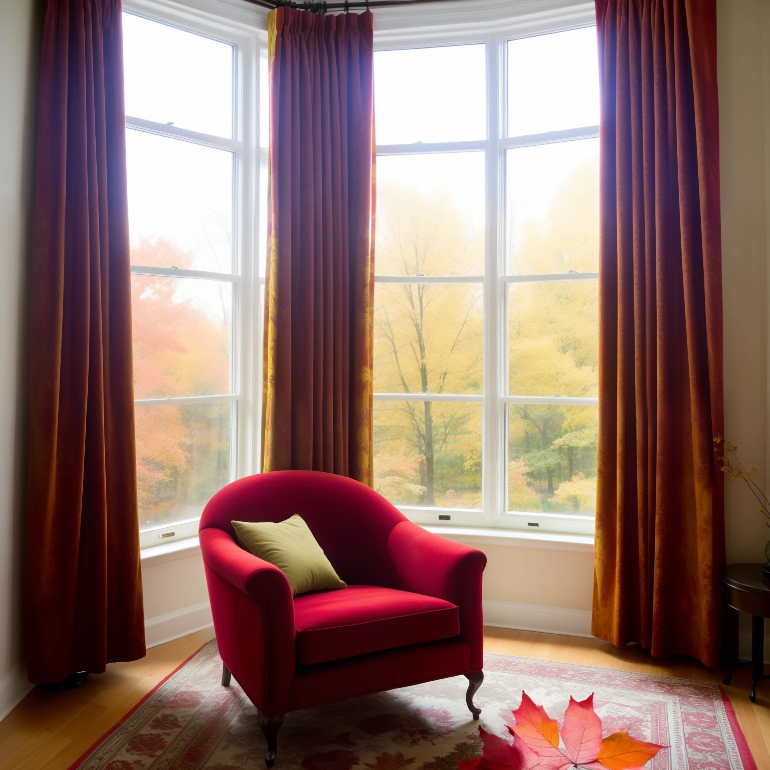 create a red velour chair, in front of the large rounded window , in backgroud through the windows a tree in autum with red orange and yellow leafs , green grass. with curtains from each sides of the window