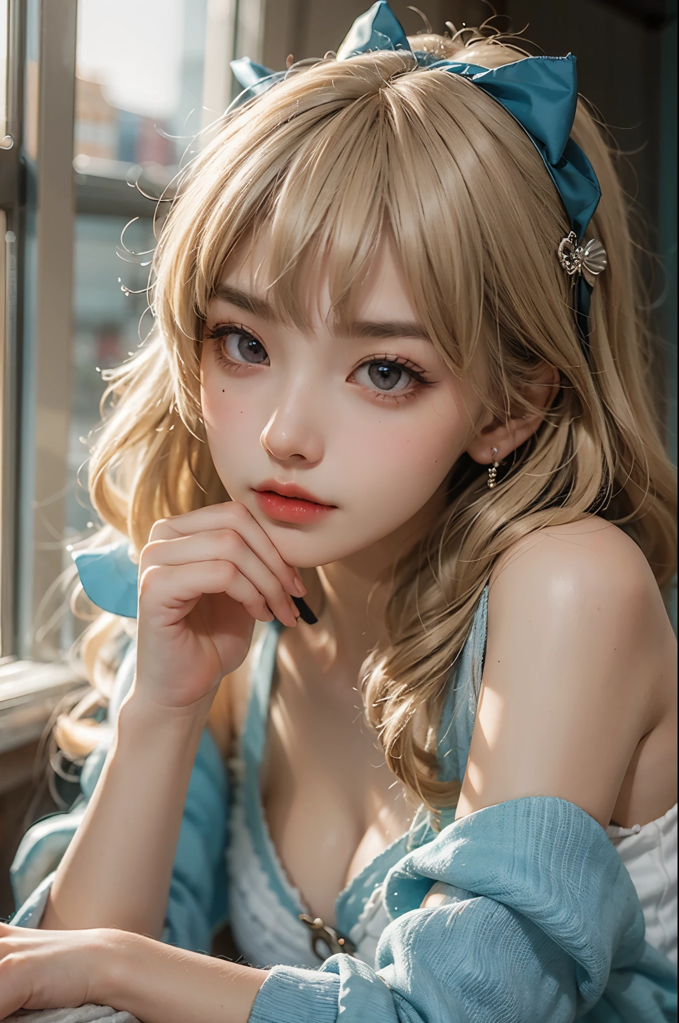 ((whole body)), yushuxin,1girl,solo, Shoot from a random angle, 22-year-old Japanese model, Slim, thin waist, curls, blond hair, warm light, Warm toned slender legs, cross legs, inside the room, Sit at a desk in the classroom, Posing for photos, Pose gracefully, blonde hair, striped hair, hair accessories, heart shaped pupils, cosmetic, faint smile, Shy, Lick lip, romanticism lain, Social realism, chiaroscuro, motion blur, relief, Sony FE General Manager, ultra high definition, masterpiece, textured skin, Super details, best quality