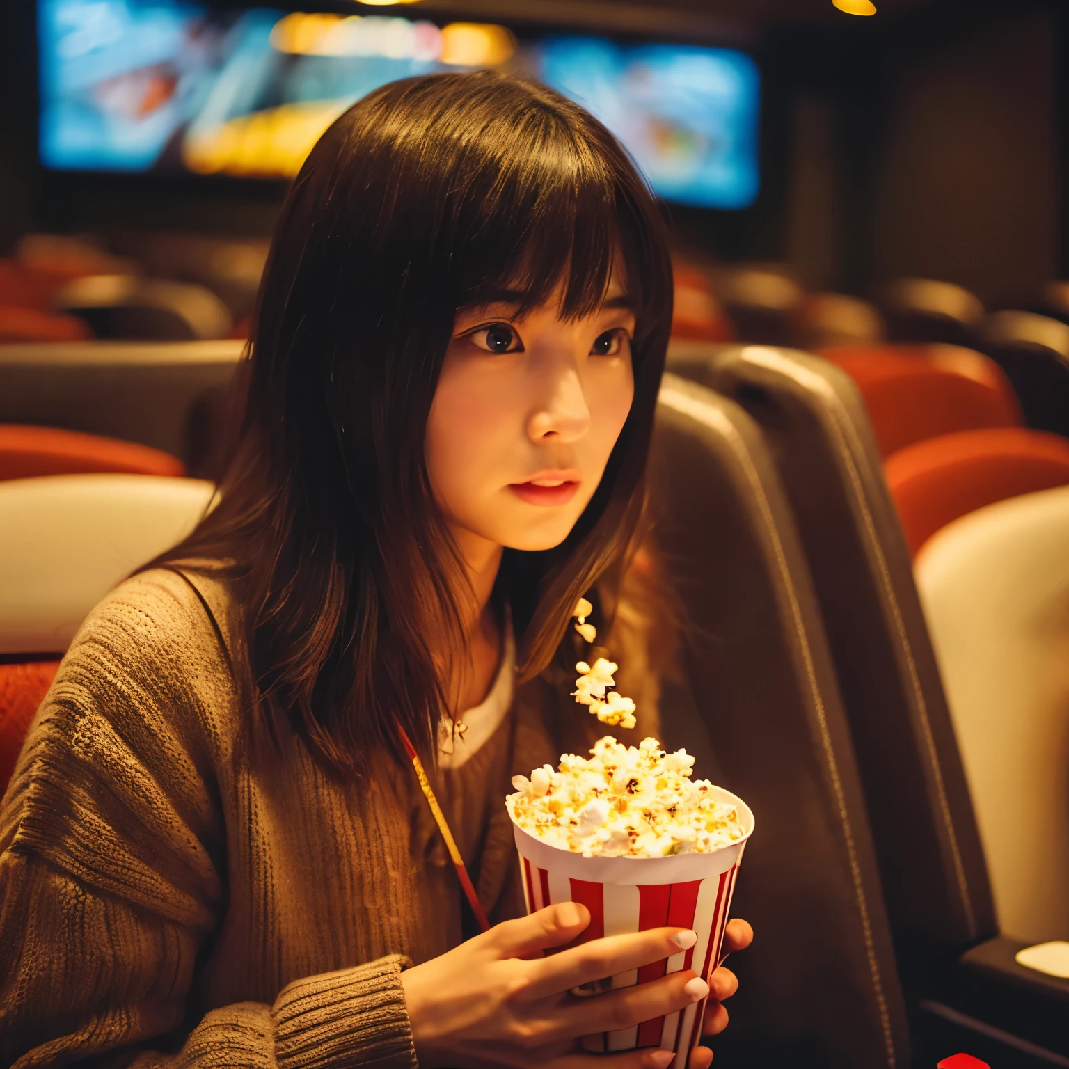 movie theatre、date、Japanese beauty、had popcorn、long hair、wearing knitwear