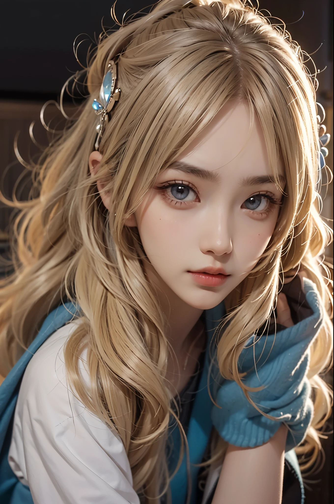  ((whole body)), yushuxin,1girl,solo, Shoot from a random angle, 22-year-old Japanese model, Slim, thin waist, curls, blond hair, warm light, Warm toned slender legs, cross legs, inside the room, Sit at a desk in the classroom, Posing for photos, Pose gracefully, blonde hair, striped hair, hair accessories, heart shaped pupils, cosmetic, faint smile, Shy, Lick lip, romanticism lain, Social realism, chiaroscuro, motion blur, relief, Sony FE General Manager, ultra high definition, masterpiece, textured skin, Super details, best quality