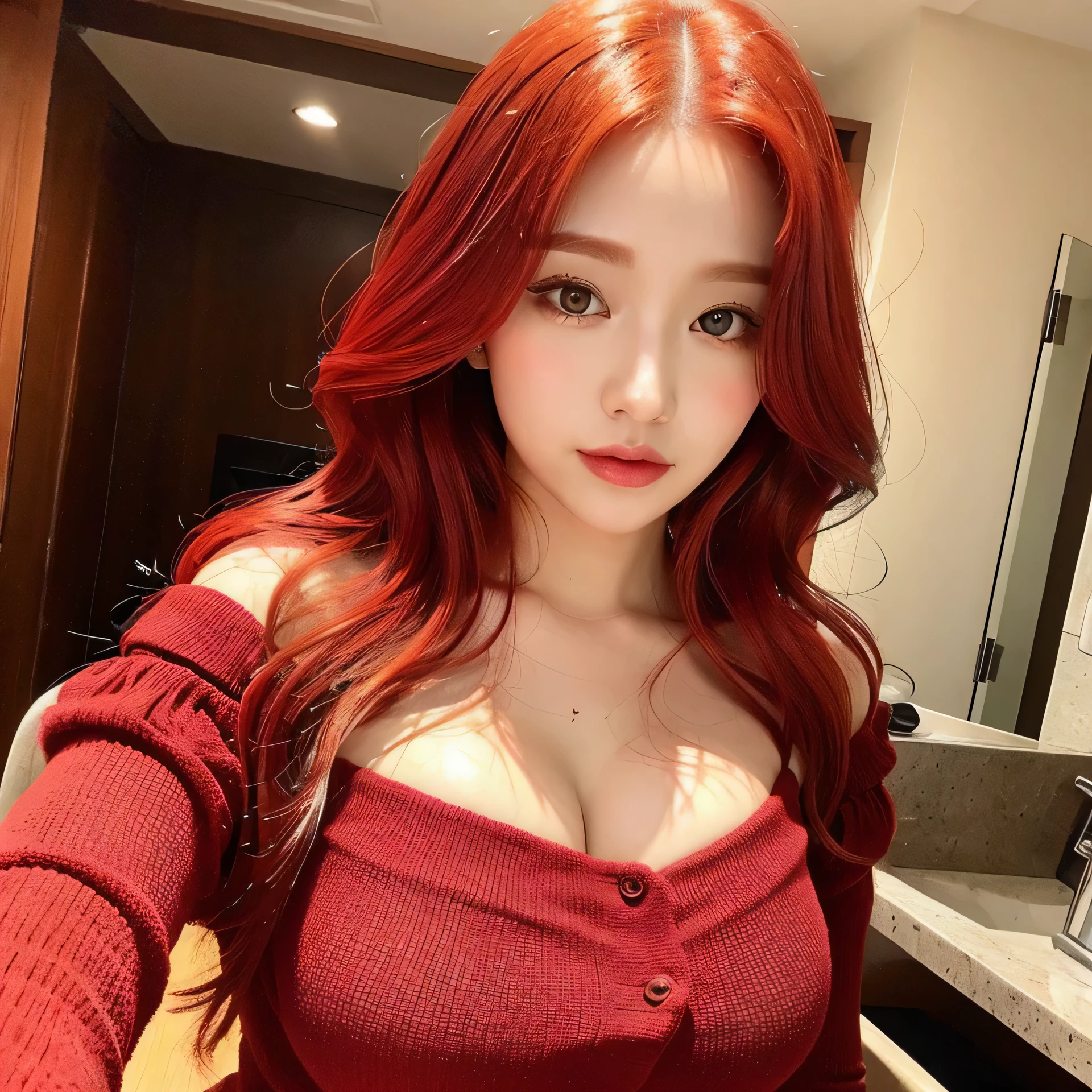 730717681 only 1 female、red hair color、Shining beautiful skin、big breasts、Outstanding style, Bell Sleeve Tops