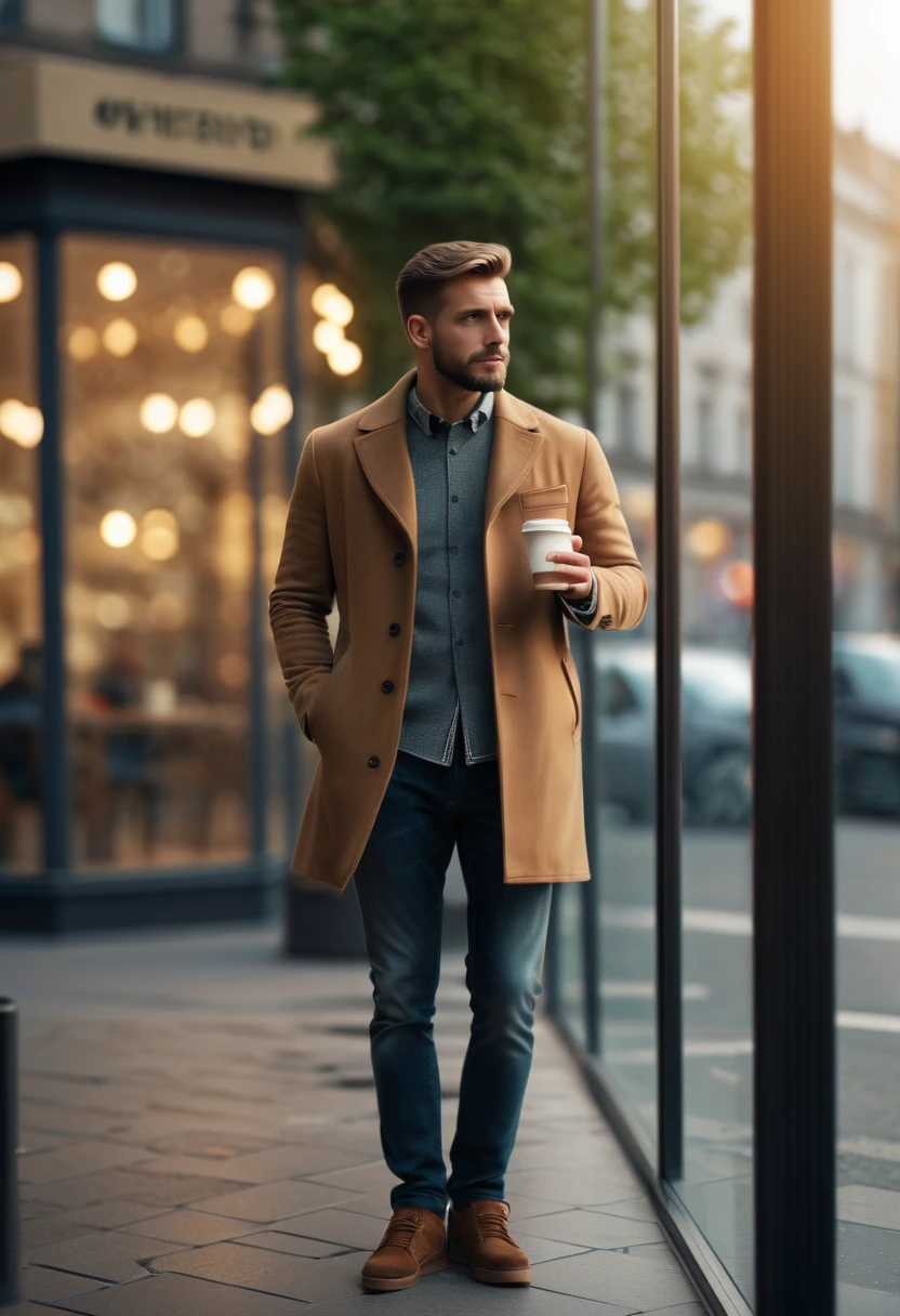 man standing on sidewalk.Standing against the glass showcase.holding a cup of coffee in hand,Looking into the distance.seems to be waiting...Background street.bokeh effect.. .(best quality,4K,8k,high resolution,masterpiece:1.2),super detailed,(actual,photoactual,photo-actual:1.37),.