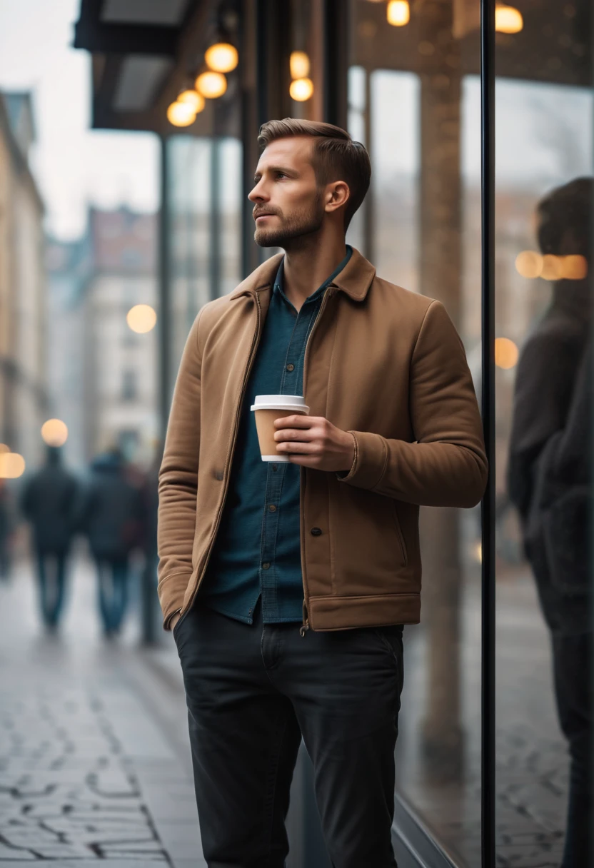 man standing on sidewalk.Standing against the glass showcase.holding a cup of coffee in hand,Looking into the distance.seems to be waiting...Background street.bokeh effect.. .(best quality,4K,8k,high resolution,masterpiece:1.2),super detailed,(actual,photoactual,photo-actual:1.37),.