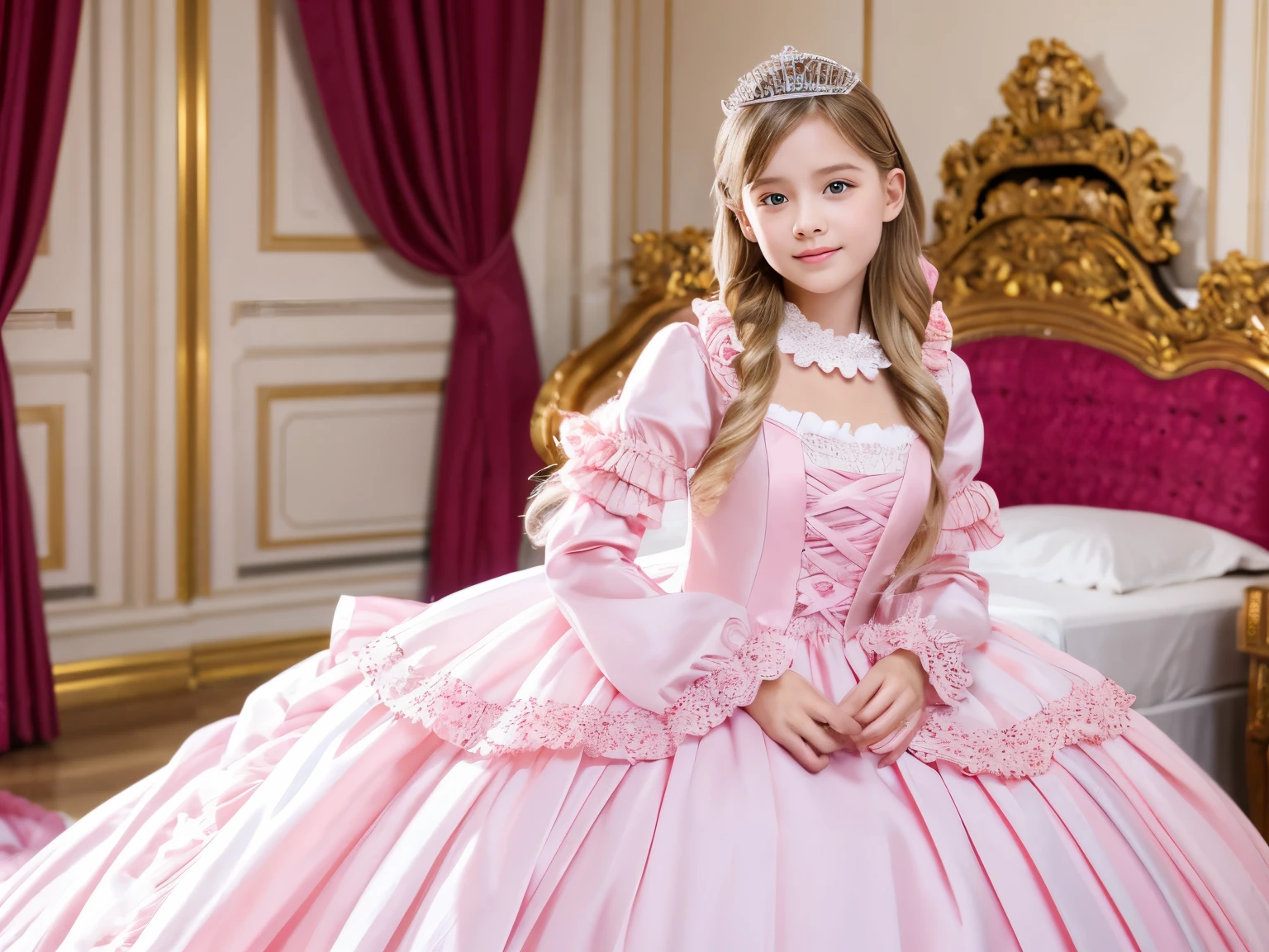 ,highest quality, masterpiece, highest resolution, artwork, super それにget used to it, many get used to it, get used to it, それにget used to it, 3k realistic pictures,,(( girls)),Ultra-detailed juvenile face,ultra-detailed little girls,two ancesses,full length ball gown dress with hoop skirt,ruffled yoke collar,puff sleeves,long sleeve,((Lolita style hot pink detailed princess satin dress with lots of ruffles and ribbons)),Rococo style lolita fashion,shiny satin dress,Soft and smooth fabric,luxury,long blonde hair,blue eyes,white skin european,Pajama,((in the pink princess bedroom)),
