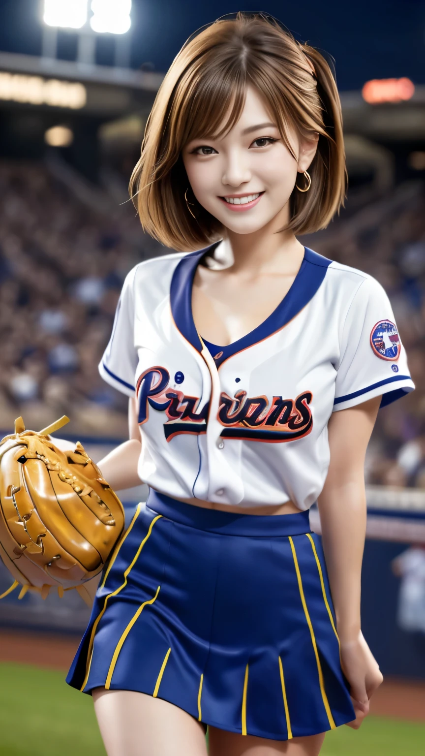 (best quality,4k,8k,highres,masterpiece:1.2),(ultra-detailed),(realistic,photorealistic,photo-realistic:1.37),portraits,landscape,anime,Japan,17-year-old,girl with large round breasts,cleavage,cheerleader baseball team cheerleader,skirt,beautiful detailed eyes,beautifully detailed,double eyelids,eyeshadow,slender eyes,perfect eye makeup,alluring smile,beautiful,slender,straight blond hair,bob cut,ponytail,variety of hairstyles,ear Nipple Ring,night baseball stadium stands,night