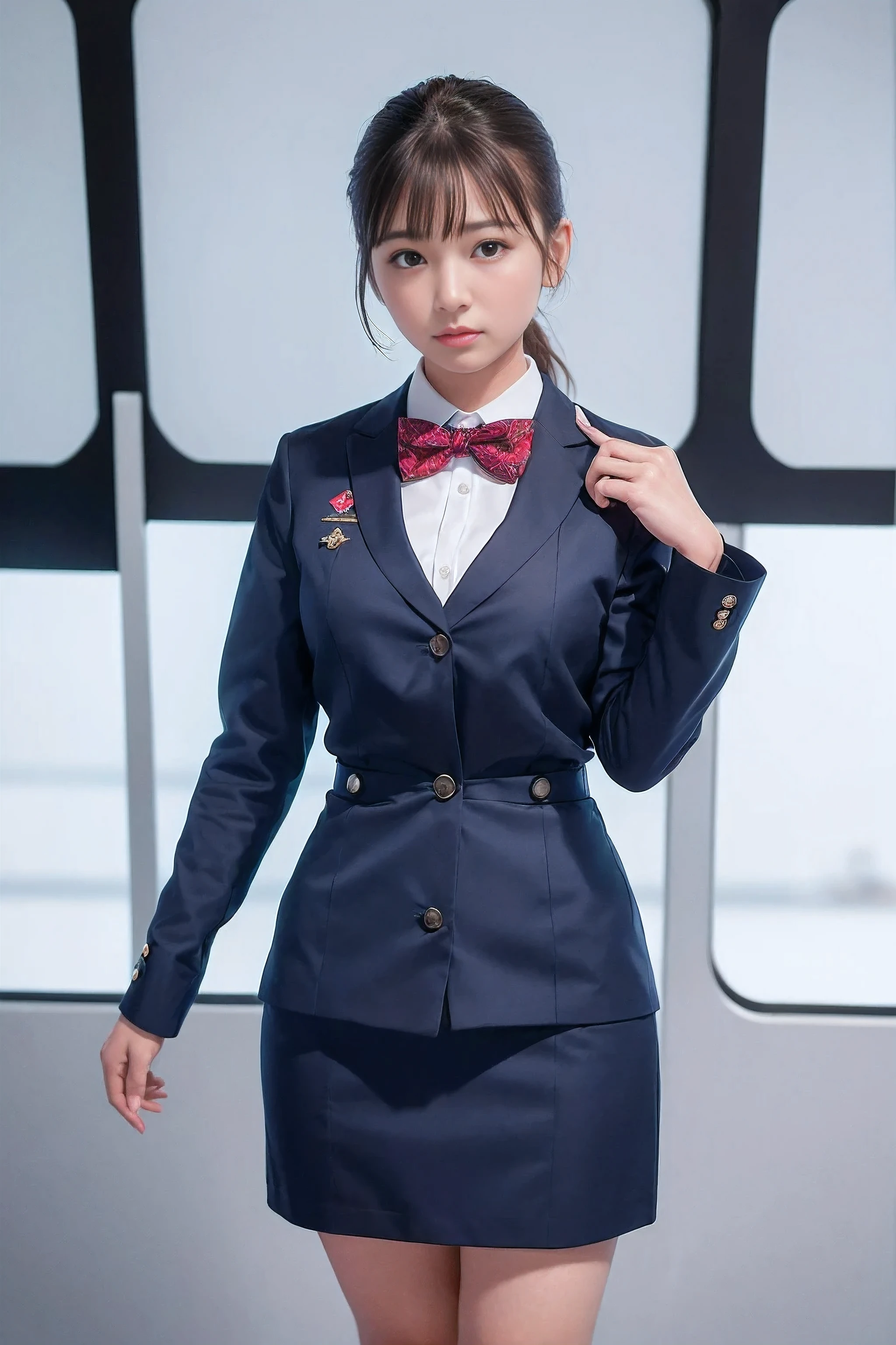 (8 times_NMKD-Super Scale_150000_G),(8K, super high quality,highest quality),(masterpiece:1.5),(1 girl),(Are standing),(日本のflight attendant),(flight attendant),(Stand in the plane),RAW photo,idol sculpture,(A bow tie,dress shirt,Bleated skirt)