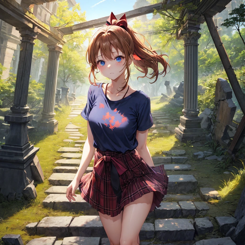 reddish-brown blonde、blue hair、blue eyes、ponytail、one good looking girl、solo、anime、Plaid miniskirt、camisole、black t-shirt、Clothes are torn、Tilting your face、Doing the ribbon、Ribbon at waist、sunset sky、broken stone steps、ruins、tunnel、Fallen leaves、Light and shadow、Raising legs、column、sparks fall、forest、tall grass grows、cloak、the ground is cracked、Shortness of breath