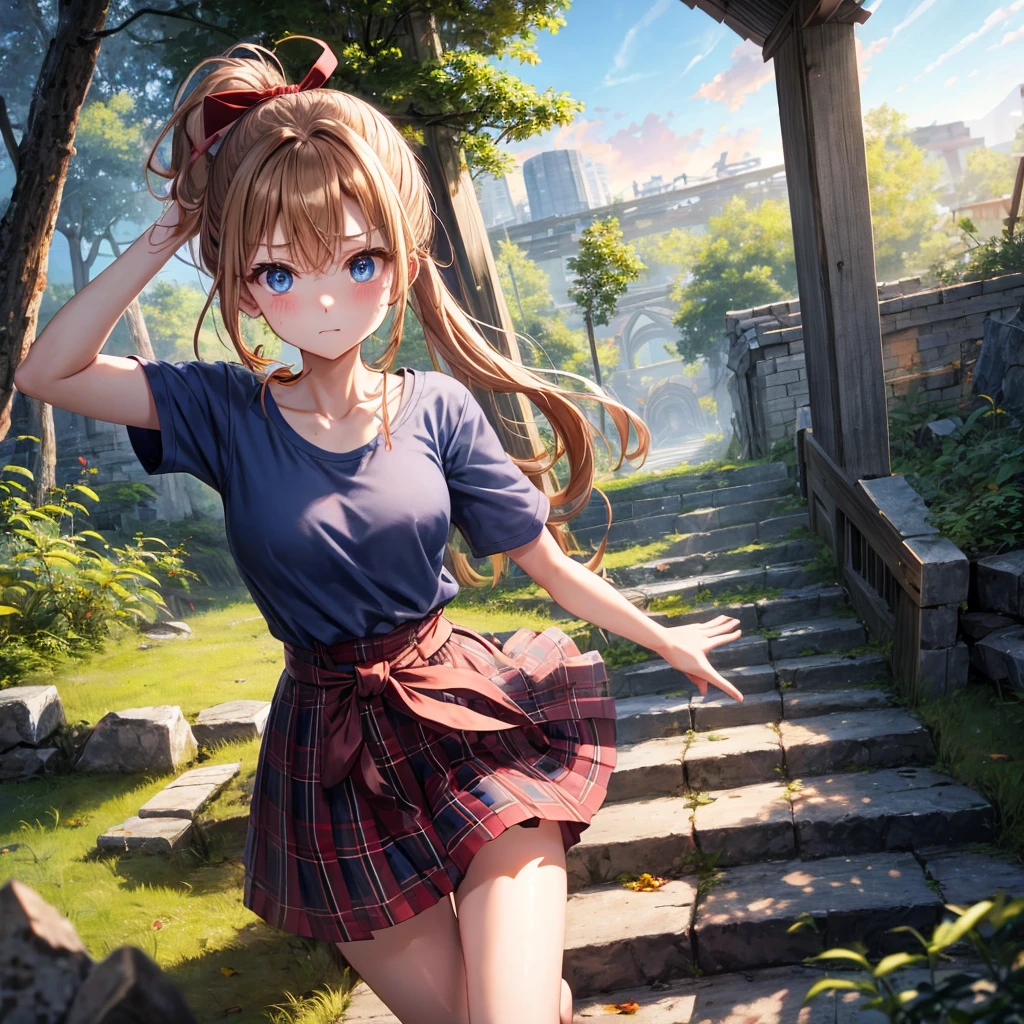 reddish-brown blonde、blue hair、blue eyes、ponytail、one good looking girl、solo、anime、Plaid miniskirt、camisole、black t-shirt、Clothes are torn、Tilting your face、Doing the ribbon、Ribbon at waist、sunset sky、broken stone steps、ruins、tunnel、Fallen leaves、Light and shadow、Raising legs、column、sparks fall、forest、tall grass grows、cloak、the ground is cracked、Shortness of breath