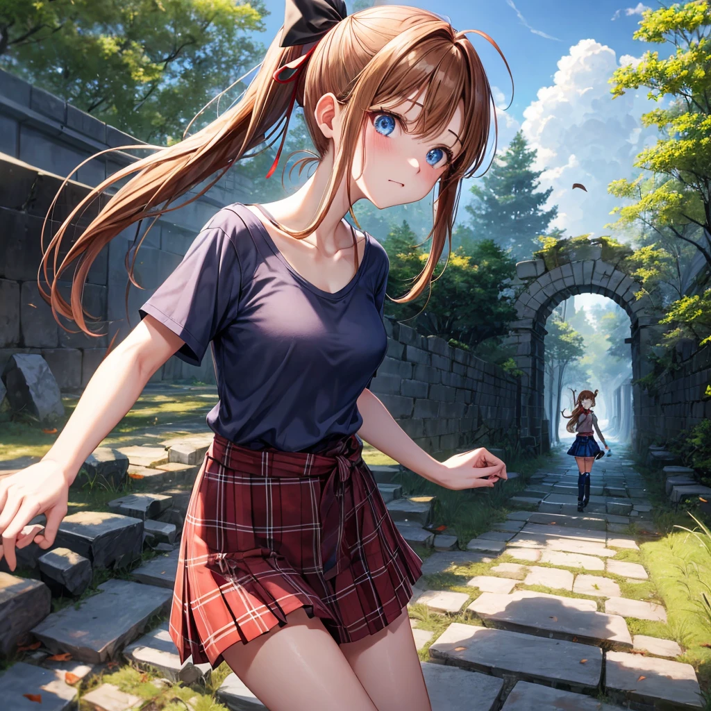 reddish-brown blonde、blue hair、blue eyes、ponytail、one good looking girl、solo、anime、Plaid miniskirt、camisole、black t-shirt、Clothes are torn、Tilting your face、Doing the ribbon、Ribbon at waist、sunset sky、broken stone steps、ruins、tunnel、Fallen leaves、Light and shadow、Raising legs、column、sparks fall、forest、tall grass grows、cloak、the ground is cracked、Shortness of breath