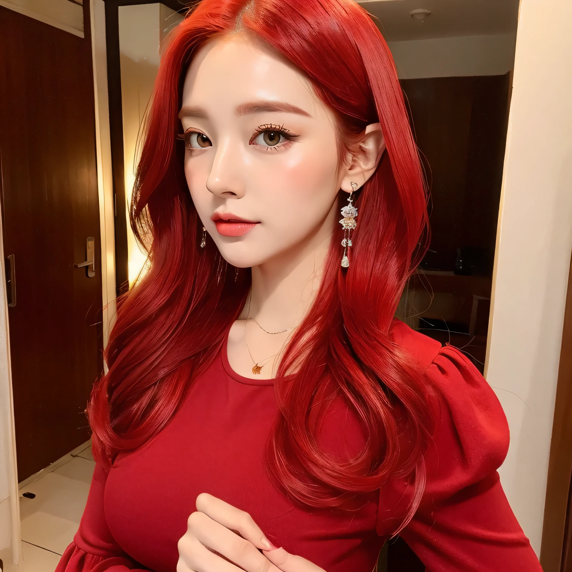 30717681 only 1 female、red hair color、Shining beautiful skin、big breasts、Outstanding style, Bell Sleeve Tops