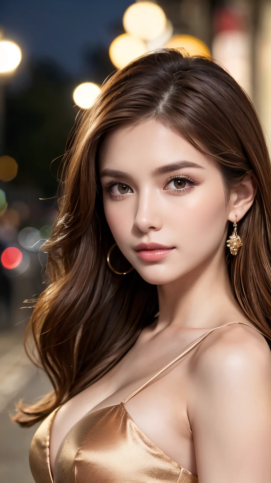(best quality,8K,masterpiece:1.3),clear focus:1.2,beauty:1.4,abdominal muscles:1.1,chestnut hair,aquadress:1.4,outdoor night:1.1,street,fine facial features and eyes,double eyelids. Add realistic lighting, be careful to adjust the proportions.