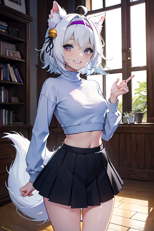 ((masterpiece, best quality, absurdres)), colorful, indoors, day, 1girl, solo, ((filian)), purple eyes, white hair, short hair, ahoge, animal ears, hair bell, hairband, tail, looking at viewer, upper body, grin, small breasts, wide hips, slim legs, ((purple sweater)), ((black skirt)), ((sfw))