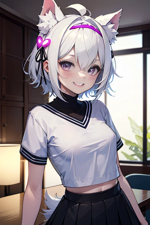 ((masterpiece, best quality, absurdres)), colorful, indoors, day, 1girl, solo, ((filian)), purple eyes, white hair, short hair, ahoge, animal ears, hair bell, hairband, tail, looking at viewer, upper body, grin, small breasts, wide hips, slim legs, ((purple sweater)), ((black skirt)), ((sfw))