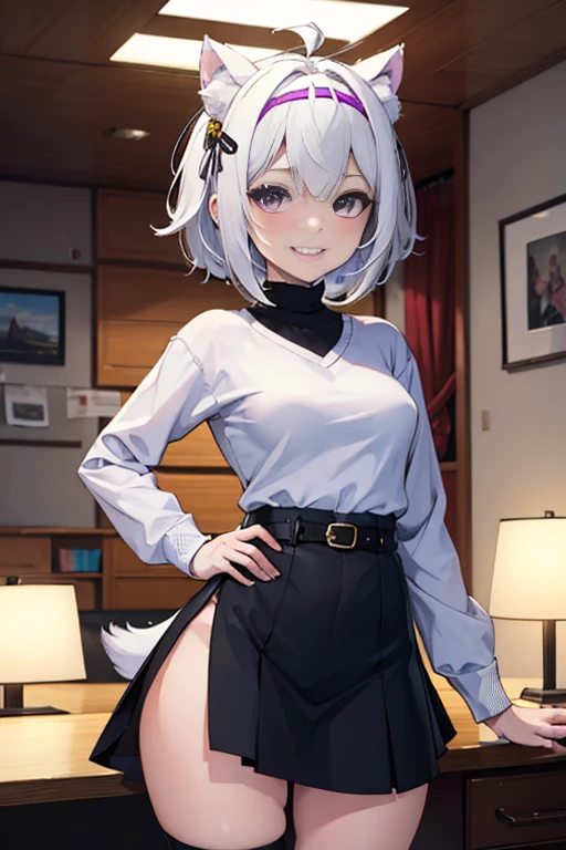 ((masterpiece, best quality, absurdres)), colorful, indoors, day, 1girl, solo, ((filian)), purple eyes, white hair, short hair, ahoge, animal ears, hair bell, hairband, tail, looking at viewer, upper body, grin, small breasts, wide hips, slim legs, ((purple sweater)), ((black skirt)), ((sfw))