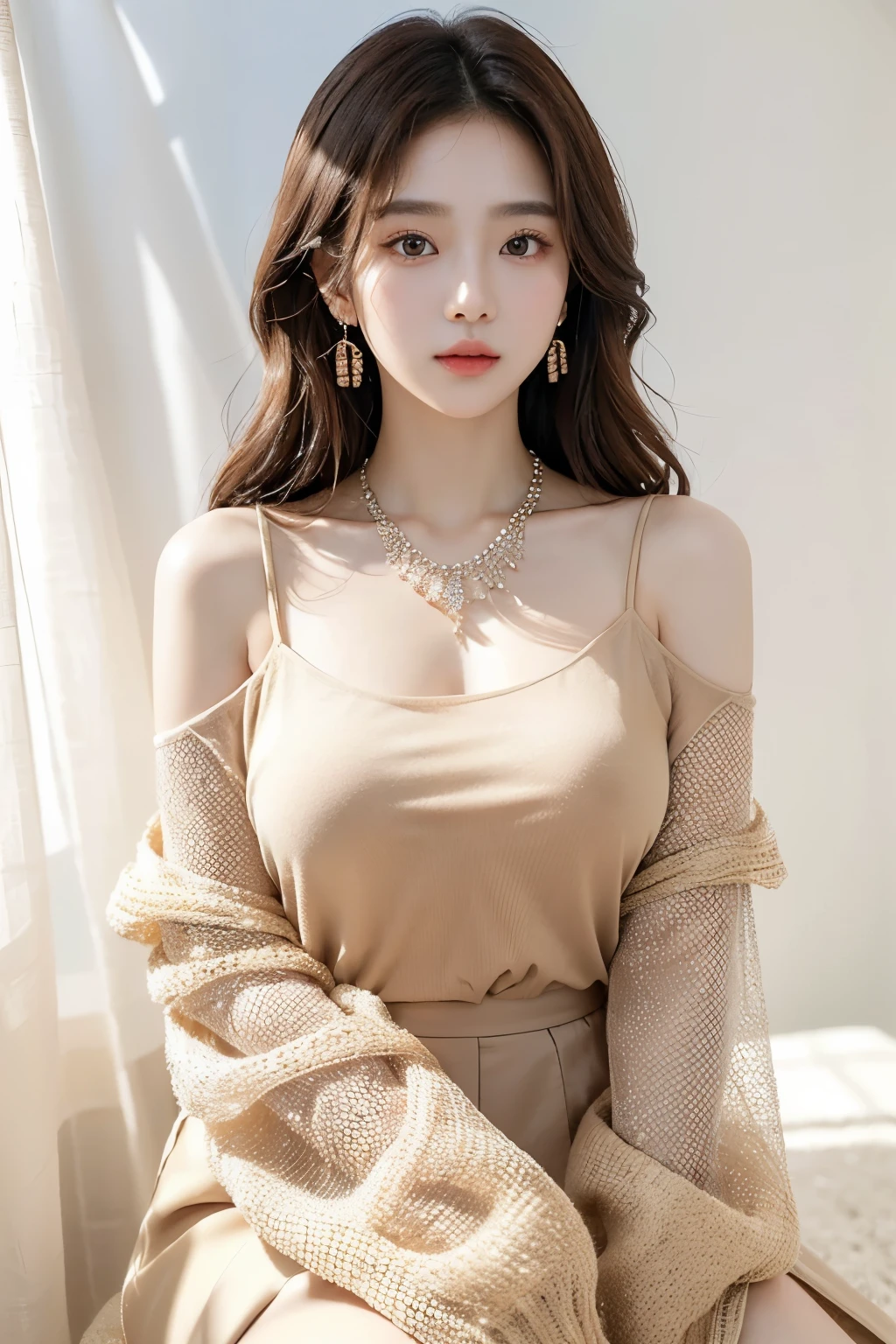 A Korean girl, pure and sweet, with a delicate face and captivating eyes. Her fair skin contrasts beautifully with her natural brown curly hair. She wears a beaded necklace and dangling earrings, enhancing her allure. Dressed in a mesh top, she looks ethereal and graceful. The warm sunshine bathes her in its glow, and the muted background complements her beauty.