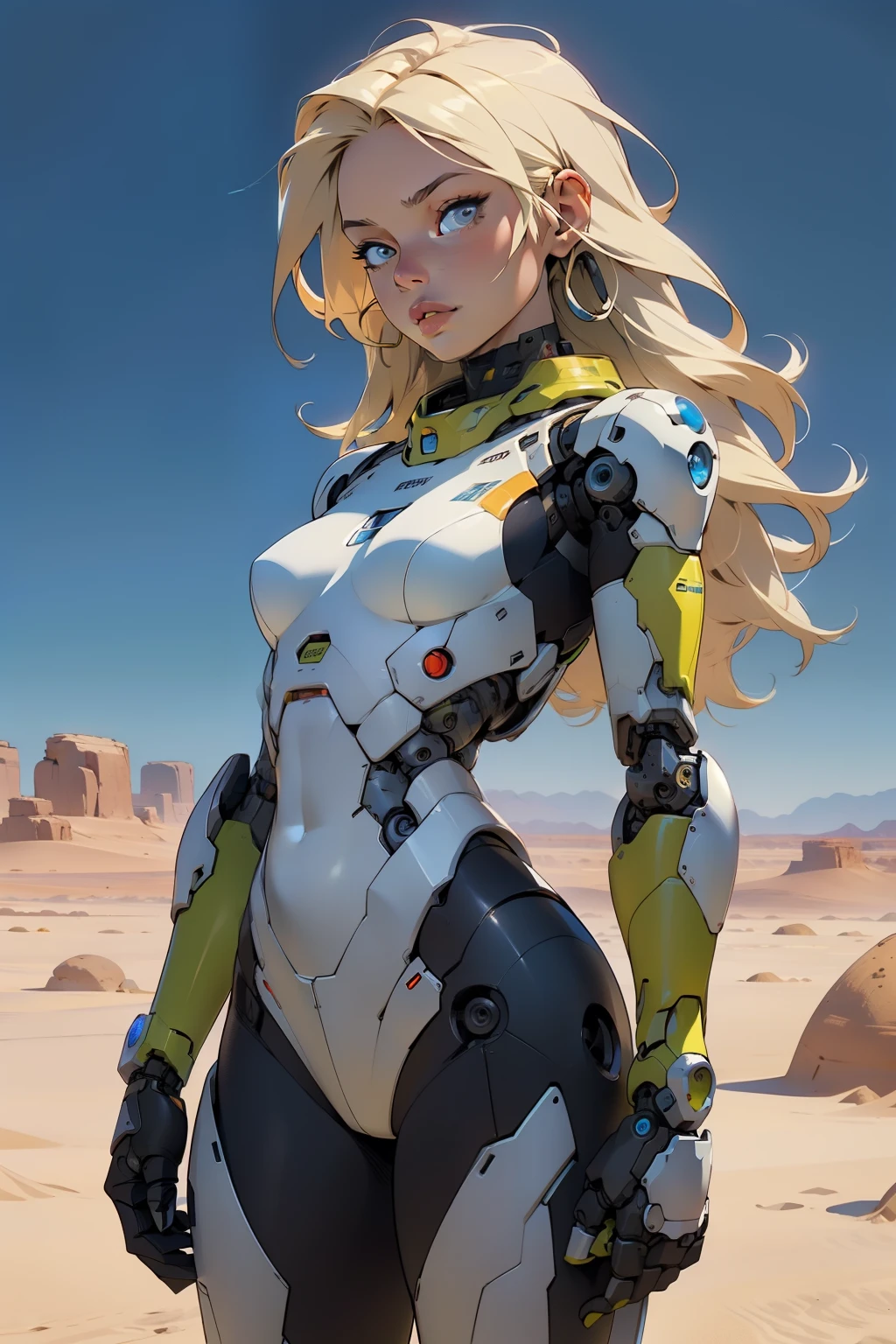 high quality, 4k, masterpiece, beautiful, cyborg girl, cowboy shot, dull eyes, looking at viewer, long blonde hair, girl, small breasts, fit thigh, robotic arms, robotic body, cyborg body, yellow accent, intricate detail, joint, detailed lines, robotic detail, holding fist up, holding hand up as fist, color robotic parts, robotic parts with color, perfect fingers, on a desert planet, sunny background, colorful desert,