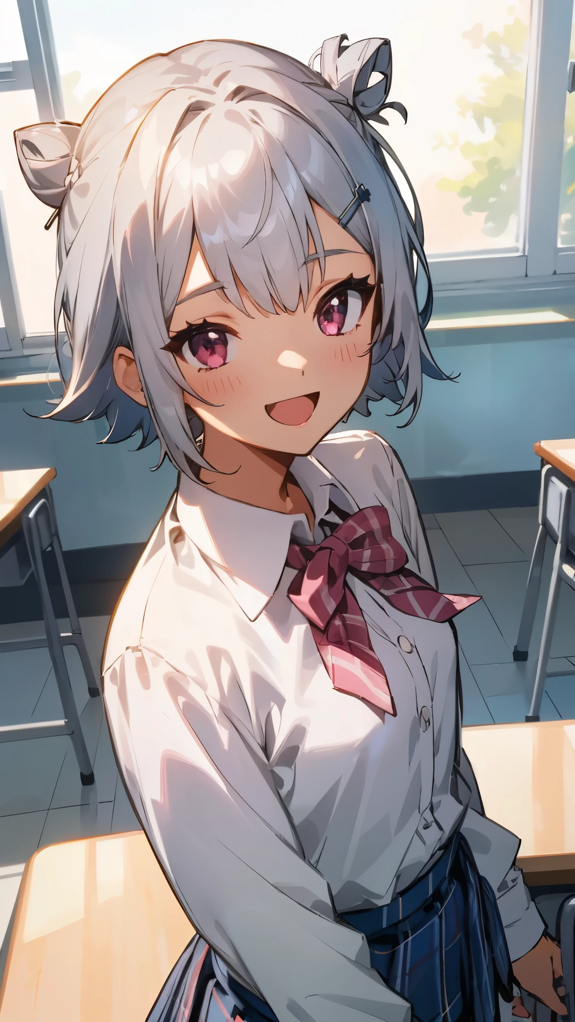 masterpiece、first-class、Short silver hair and bob hair、hair tied in a bun with a hair clip、pink eyes、White blouse shirt、Tartan checked skirt、Upper body、From above、sight、smile、open your mouth wide、After-school classroom