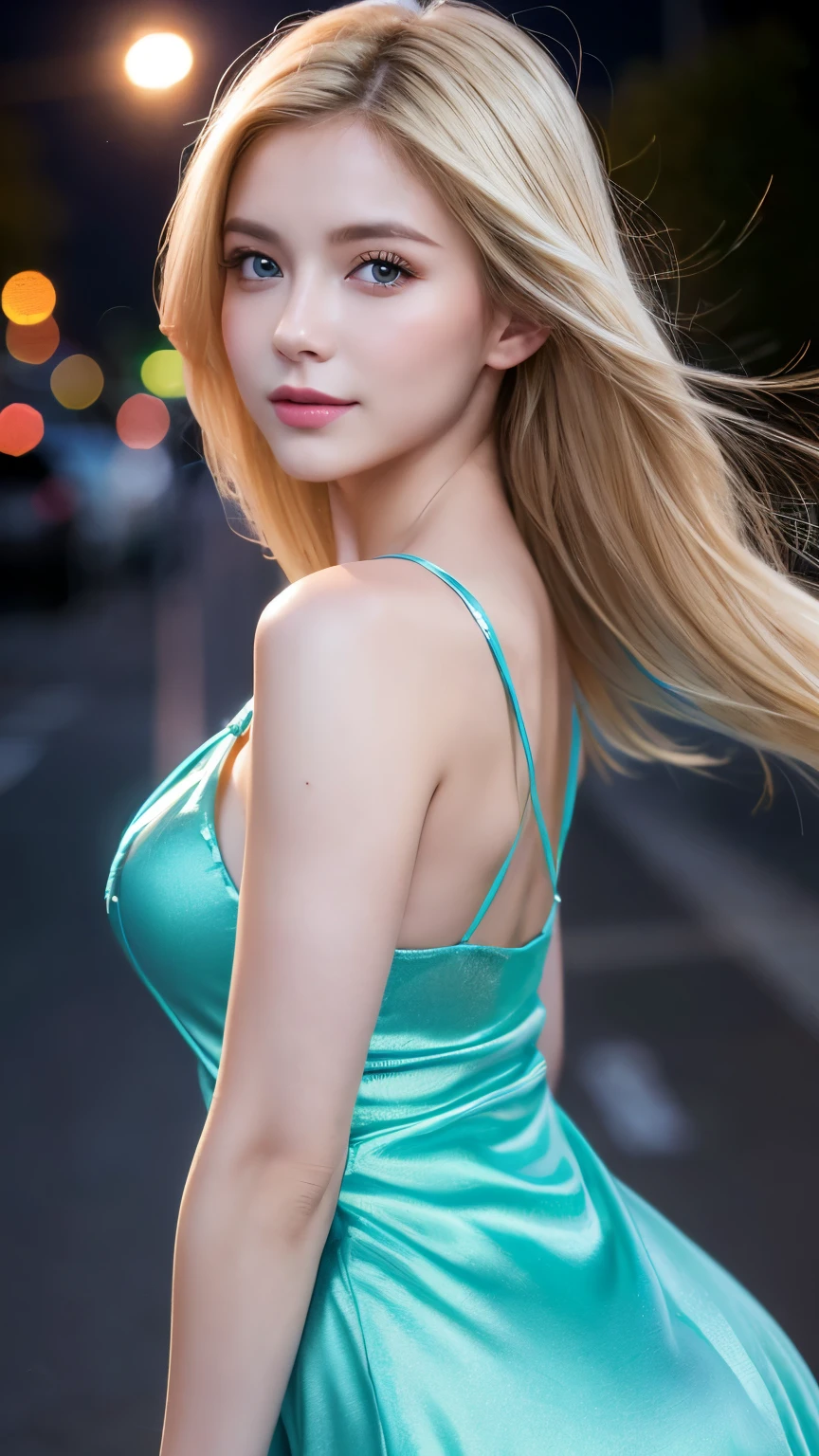 (best quality,8k,masterpiece:1.3),clear focus:1.2,beauty:1.4,abs:1.1,blonde hair,aqua dress:1.4,outdoor night:1.1,street,fine detailed face and eyes,double eyelids,realistic lighting added,please adjust the proportions.