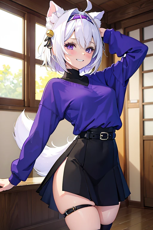 ((masterpiece, best quality, absurdres)), colorful, indoors, day, 1girl, solo, ((filian)), purple eyes, white hair, short hair, ahoge, animal ears, hair bell, hairband, tail, looking at viewer, upper body, grin, small breasts, wide hips, slim legs, ((purple sweater)), ((black skirt)), ((sfw))