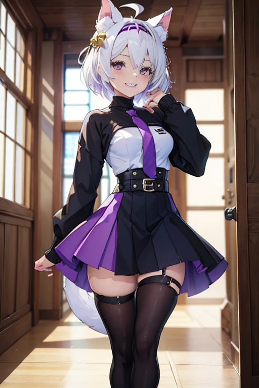 ((masterpiece, best quality, absurdres)), colorful, indoors, day, 1girl, solo, ((filian)), purple eyes, white hair, short hair, ahoge, animal ears, hair bell, hairband, tail, looking at viewer, upper body, grin, small breasts, wide hips, slim legs, ((purple sweater)), ((black skirt)), ((sfw))