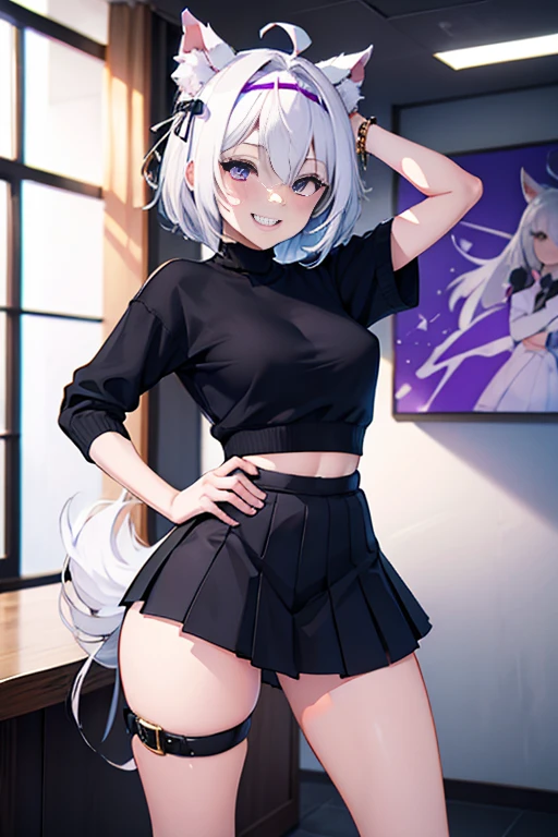 ((masterpiece, best quality, absurdres)), colorful, indoors, day, 1girl, solo, ((filian)), purple eyes, white hair, short hair, ahoge, animal ears, hair bell, hairband, tail, looking at viewer, upper body, grin, small breasts, wide hips, slim legs, ((purple sweater)), ((black skirt)), ((sfw))