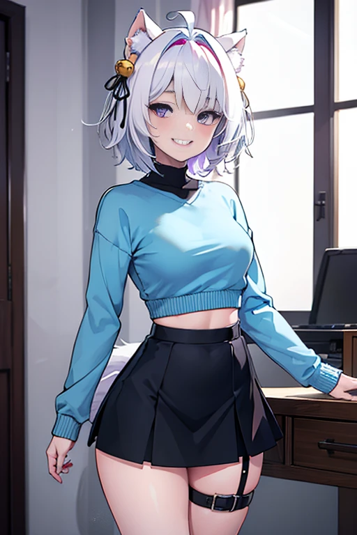 ((masterpiece, best quality, absurdres)), colorful, indoors, day, 1girl, solo, ((filian)), purple eyes, white hair, short hair, ahoge, animal ears, hair bell, hairband, tail, looking at viewer, upper body, grin, small breasts, wide hips, slim legs, ((purple sweater)), ((black skirt)), ((sfw))